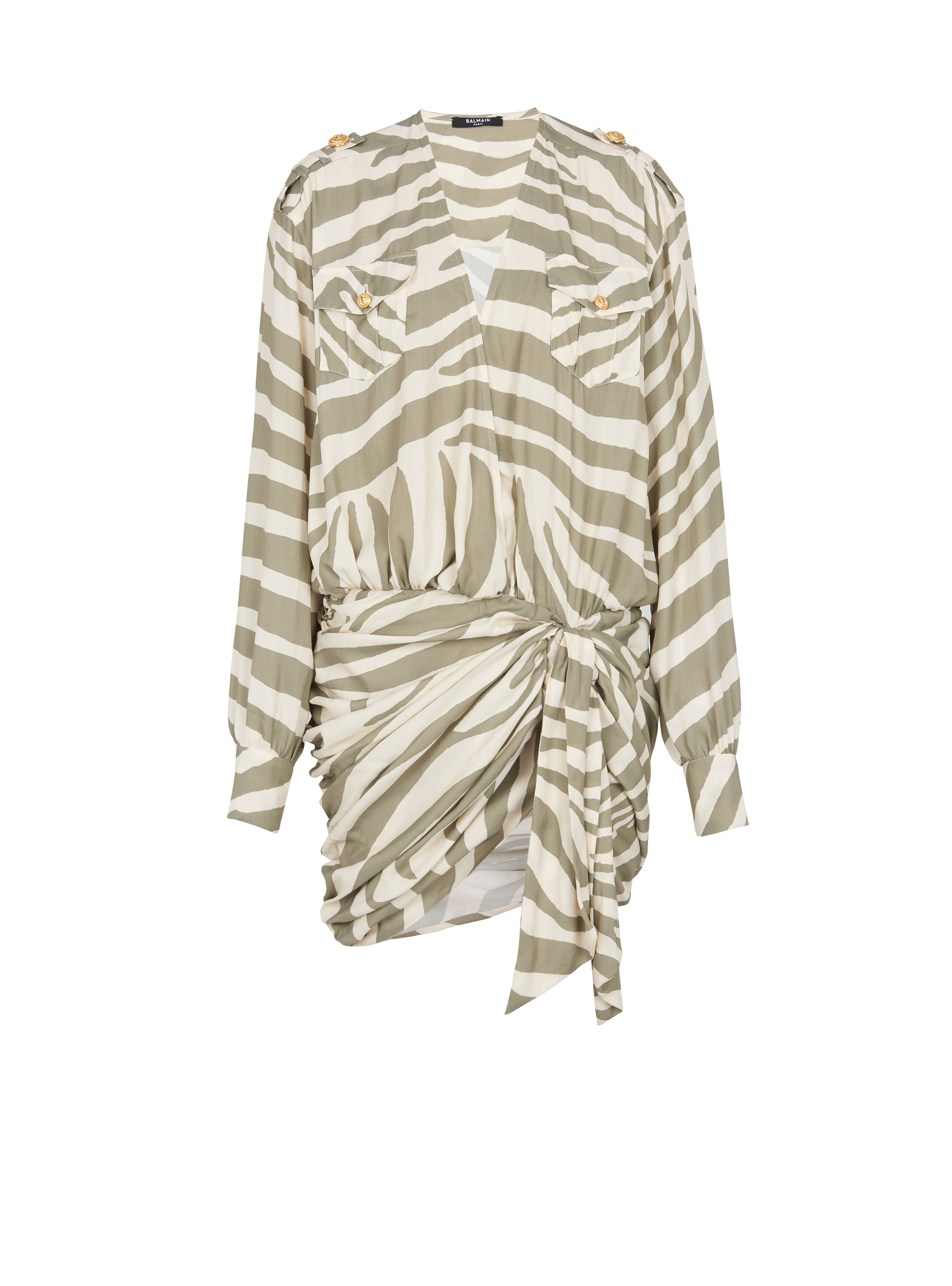 Draped zebra print dress, khaki