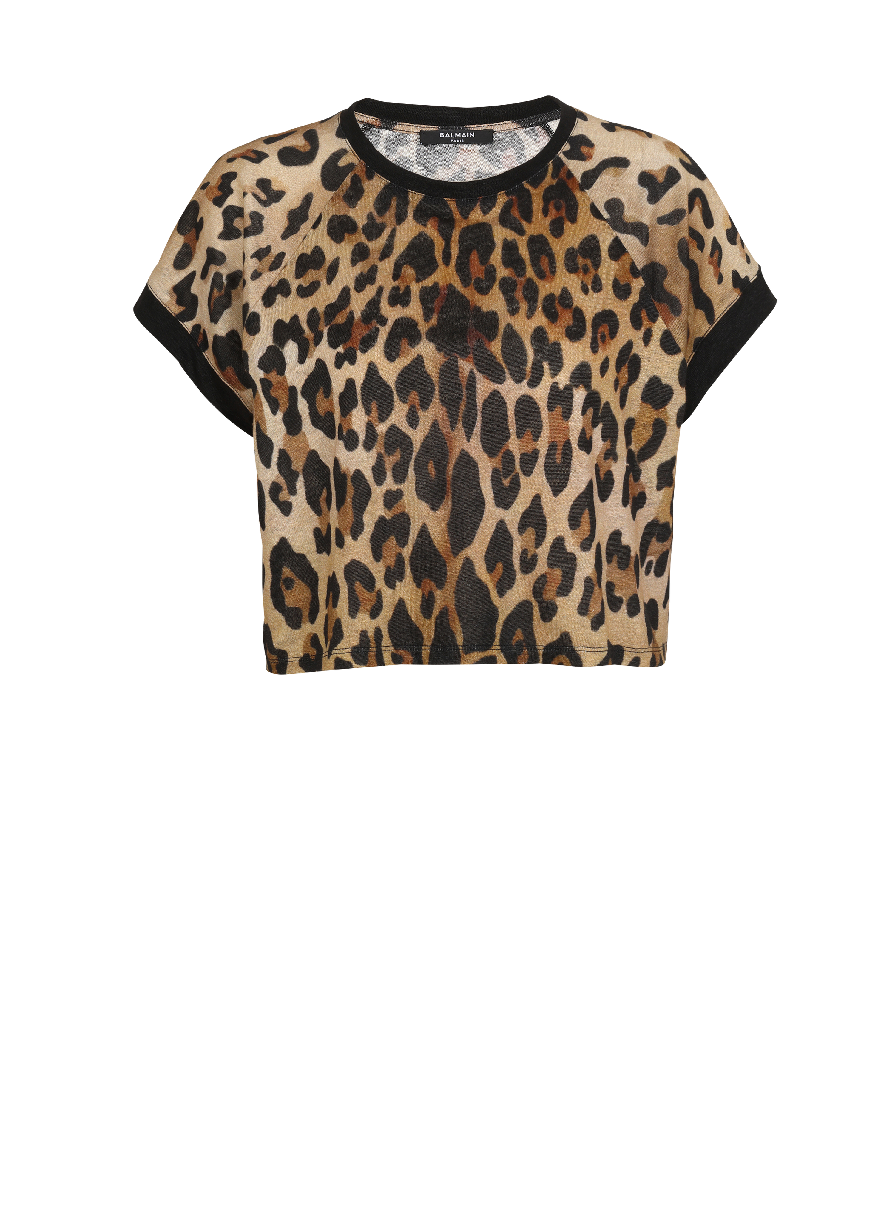 Cropped linen T-shirt with leopard print, brown