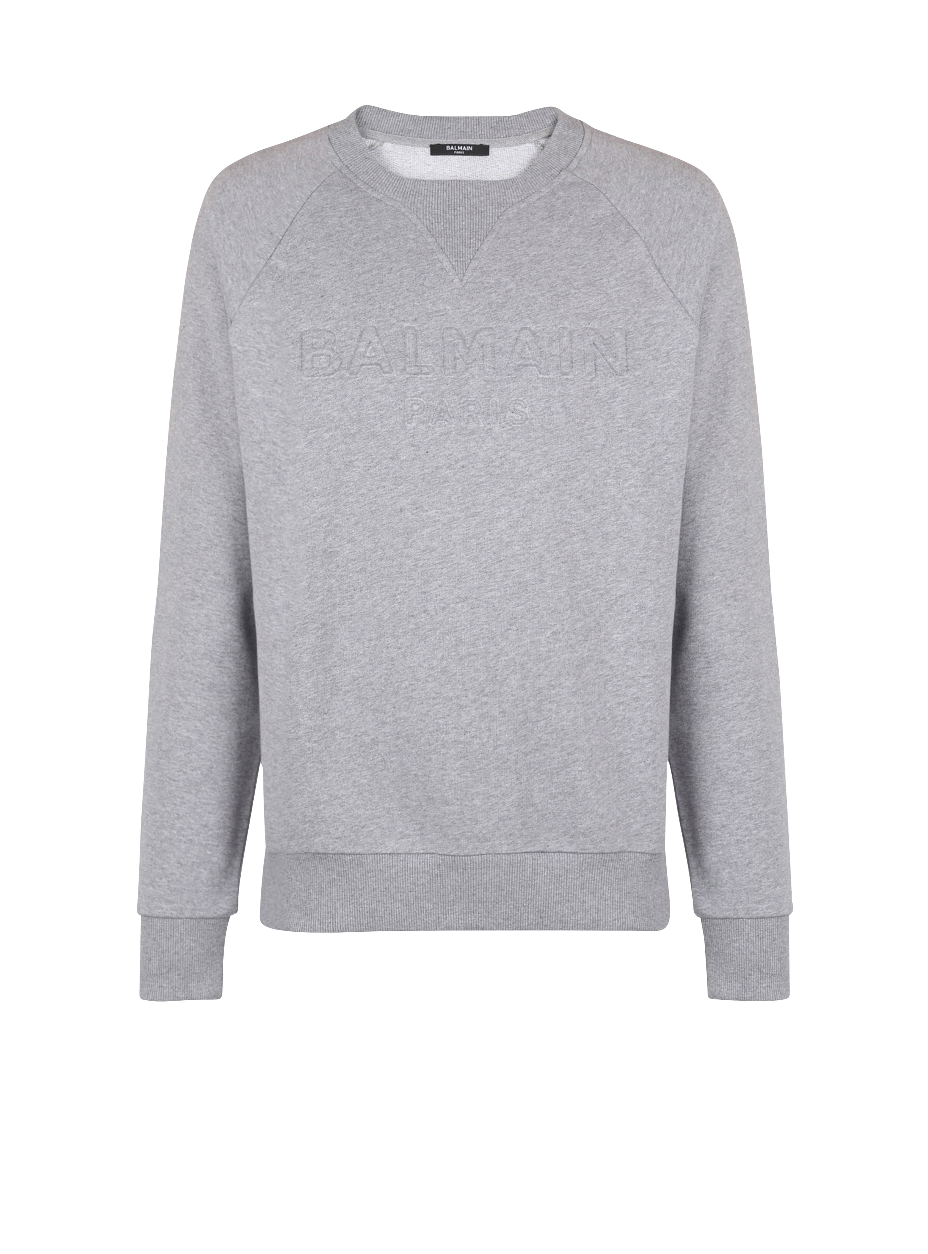 Cotton sweatshirt with embossed Balmain logo, grey