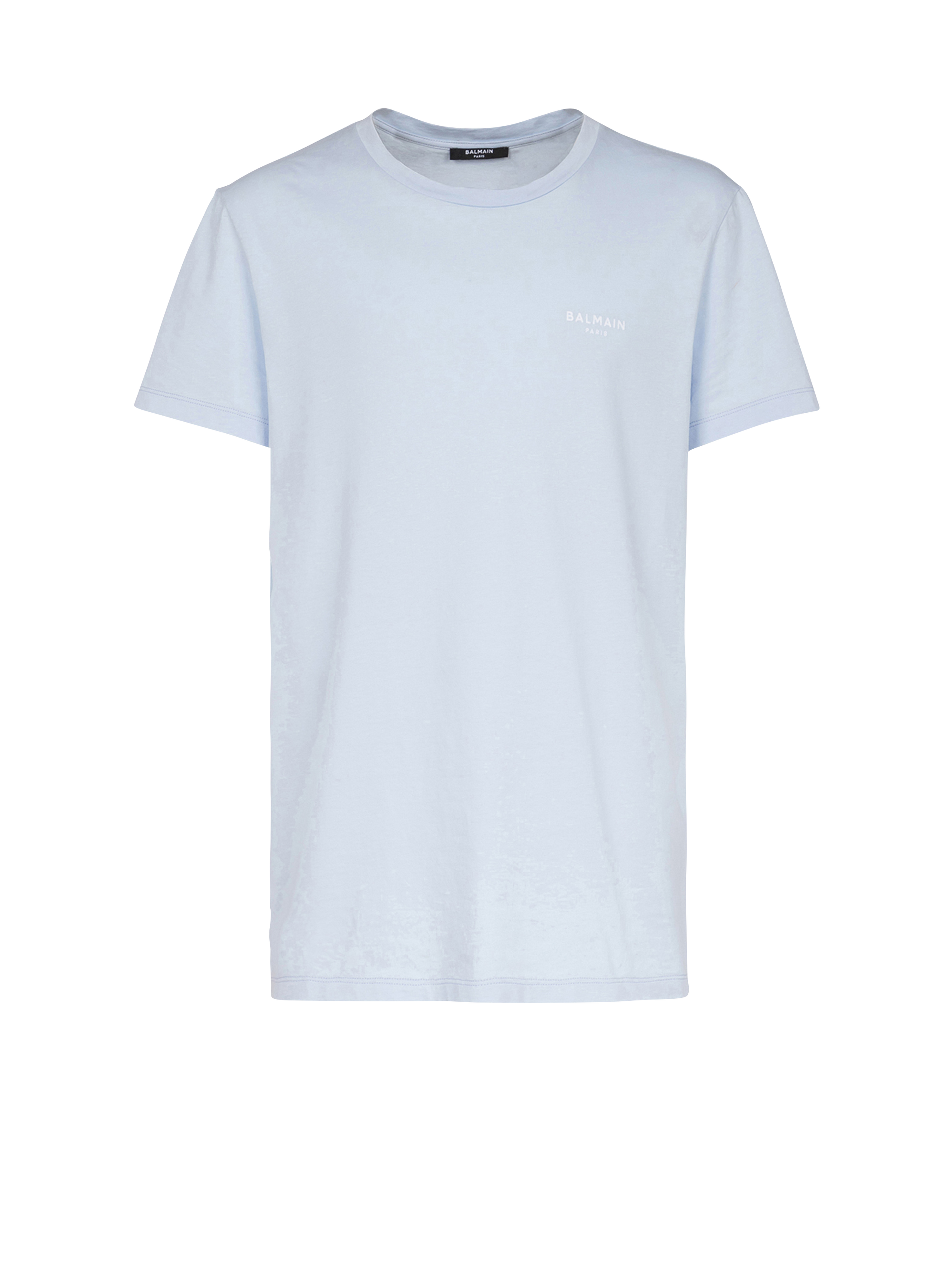 Eco-designed cotton T-shirt with small flocked Balmain Paris logo, blue