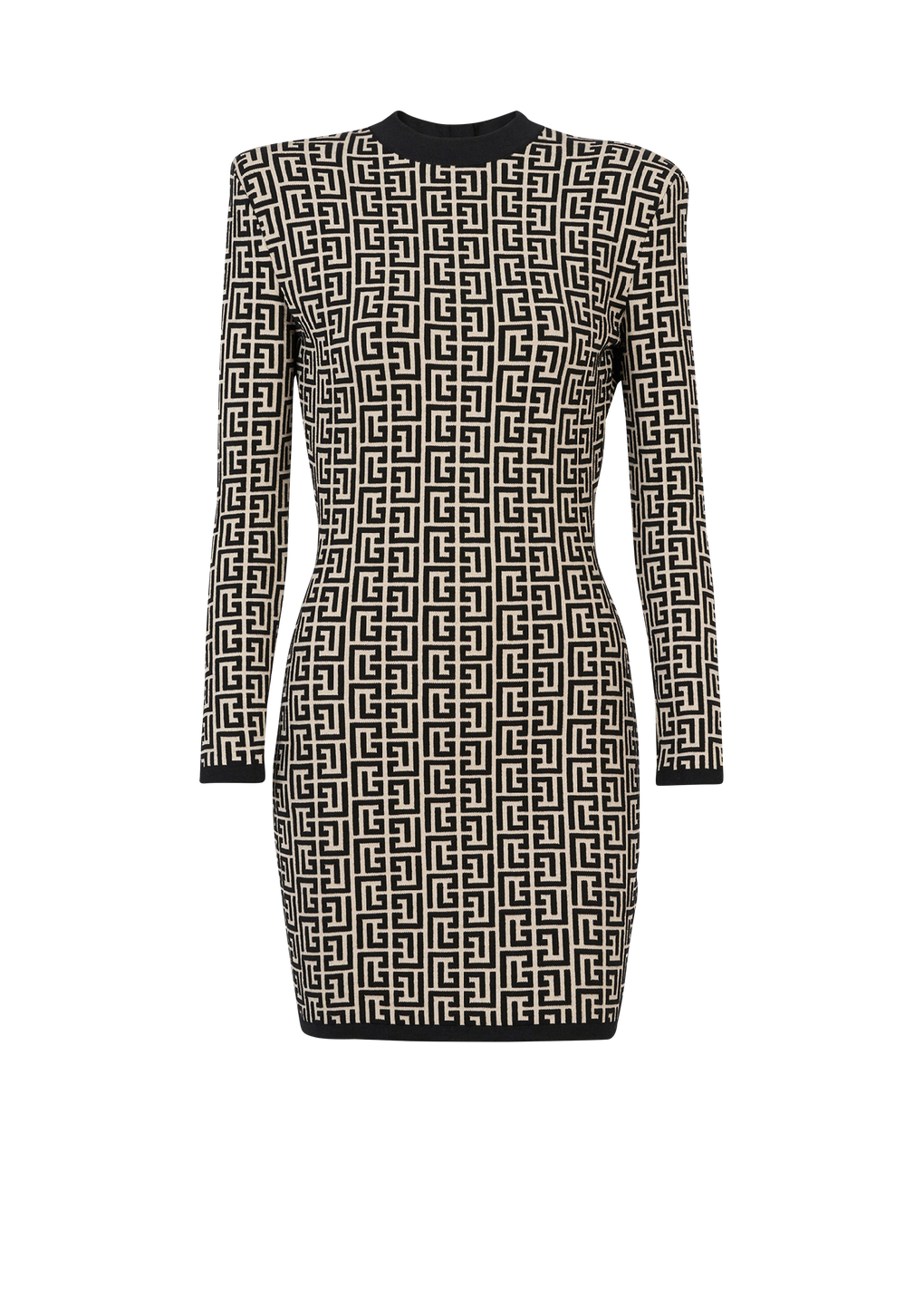 双色提花针织短款连衣裙饰以Balmain巴尔曼字母标识, black, hi-res