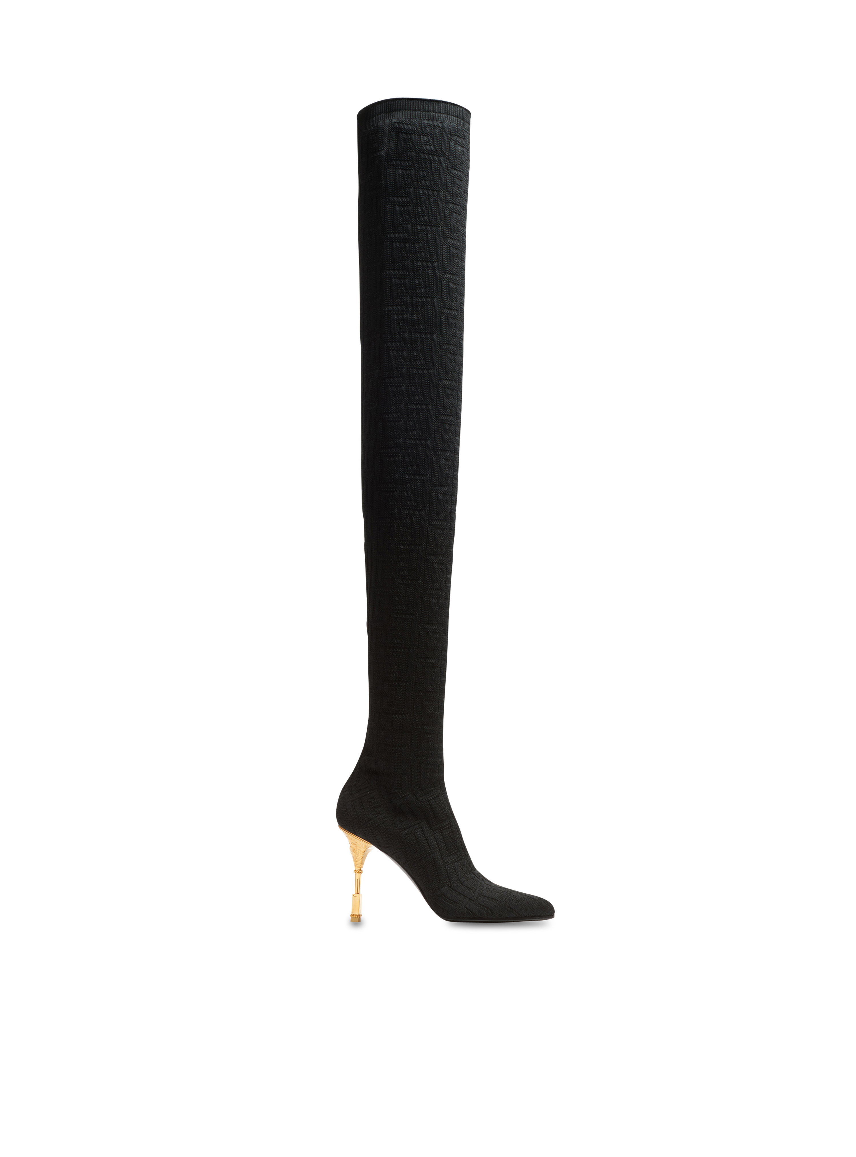 Moneta mesh thigh boots with monogram, black