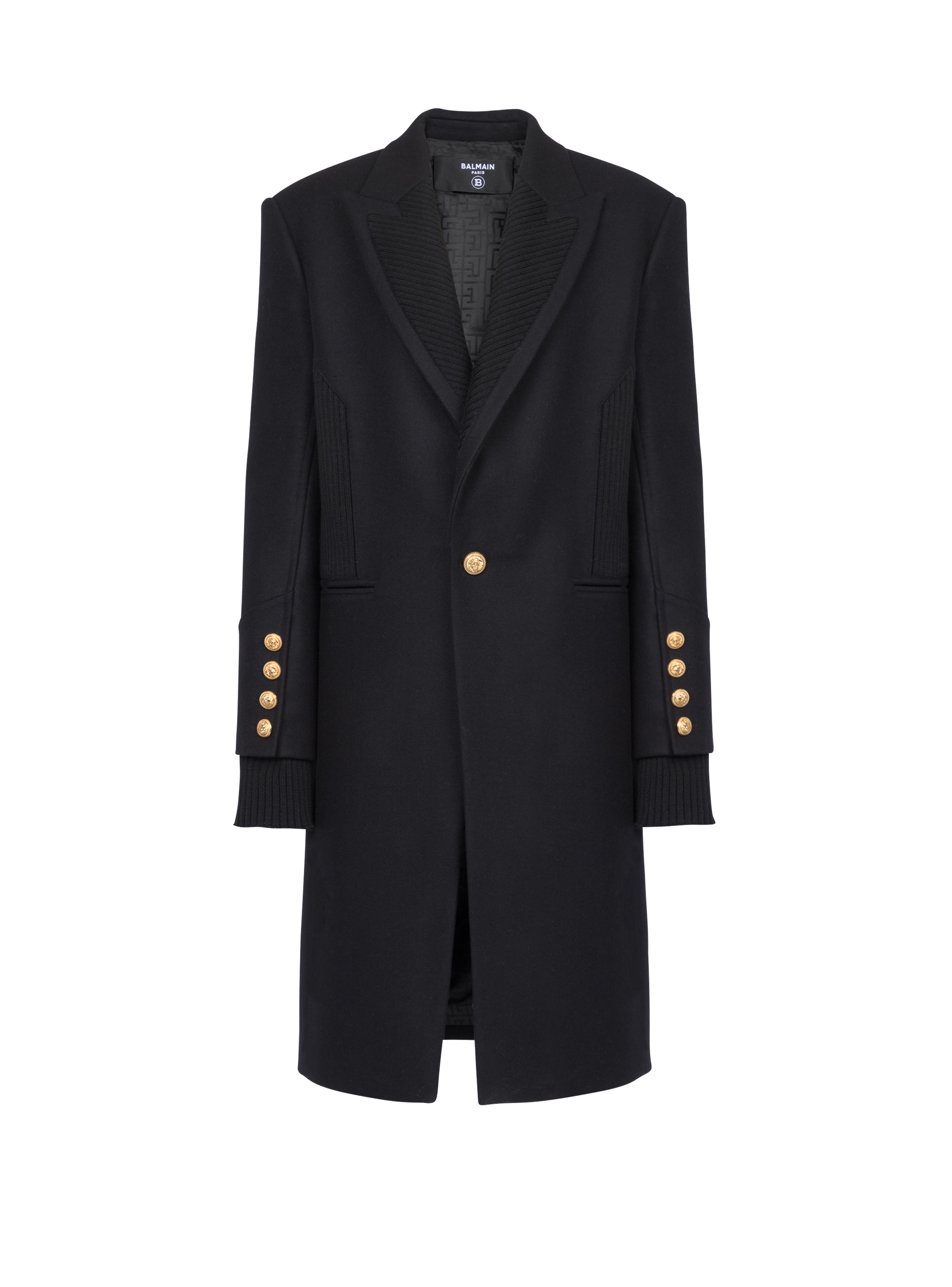 Long wool coat with monogram-patterned collar and lining, black