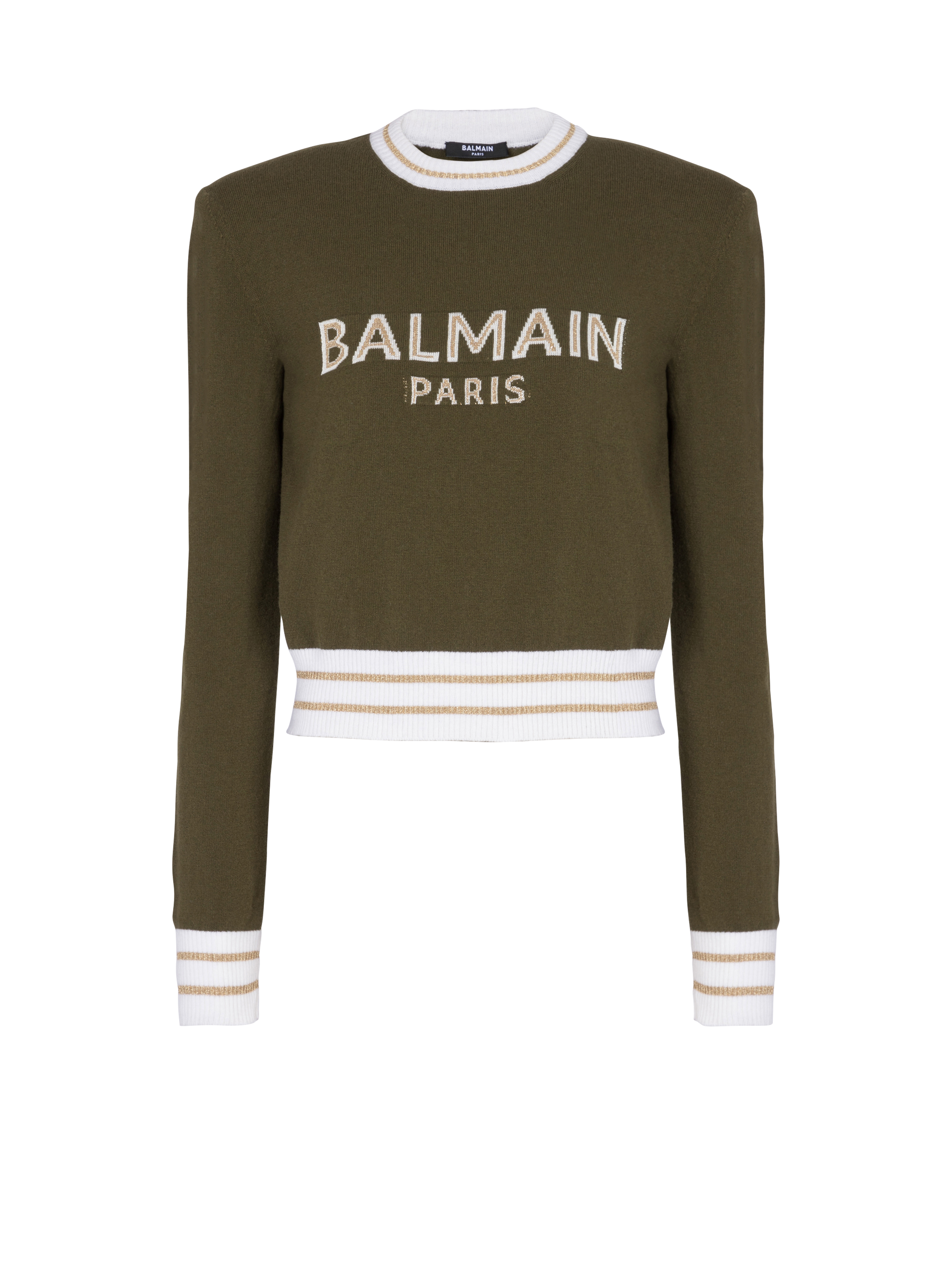 Cropped wool jumper with Balmain logo, khaki