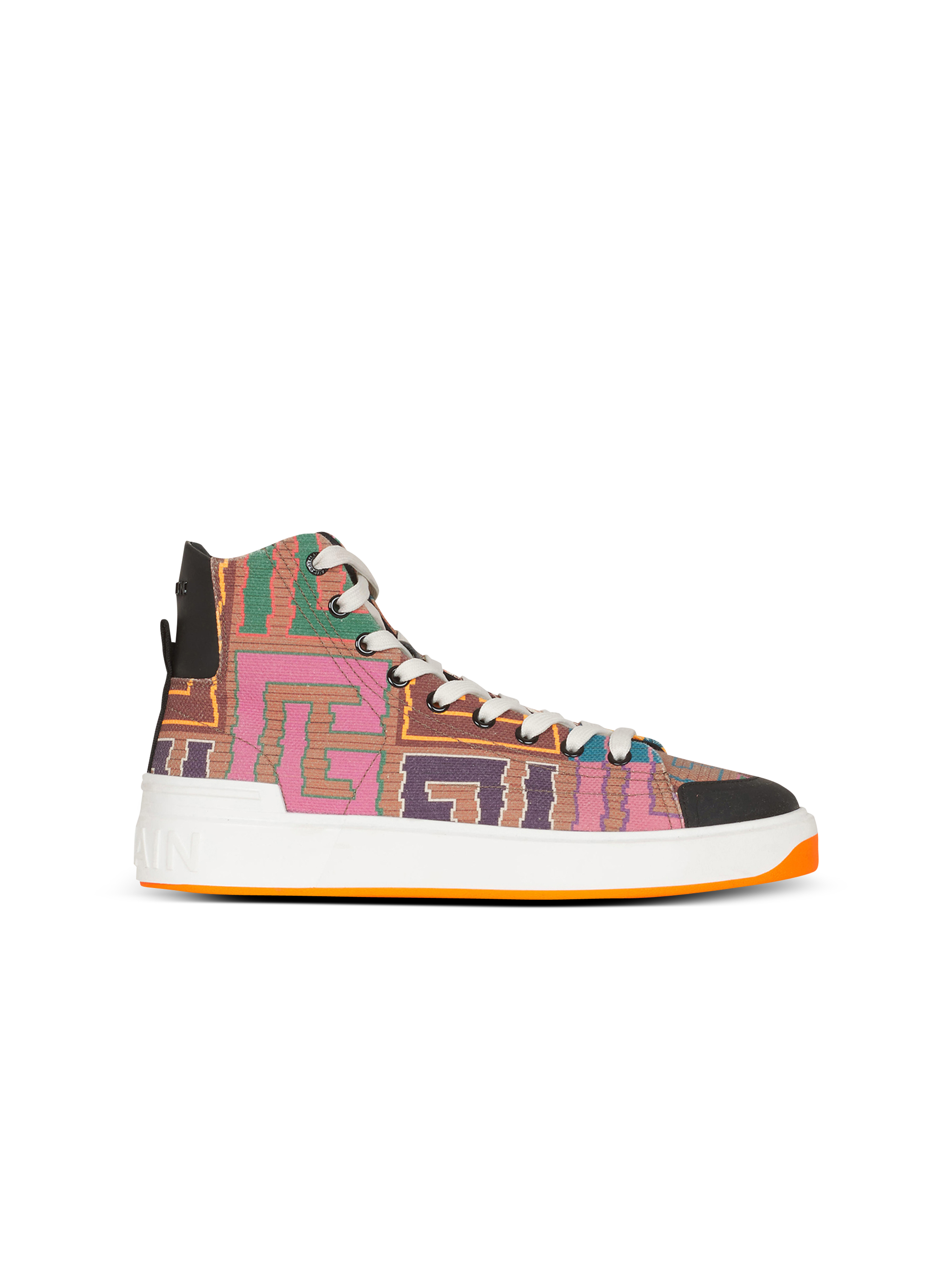 Multicolor needlepoint B-Court high-top sneakers with Balmain monogram, multicolor