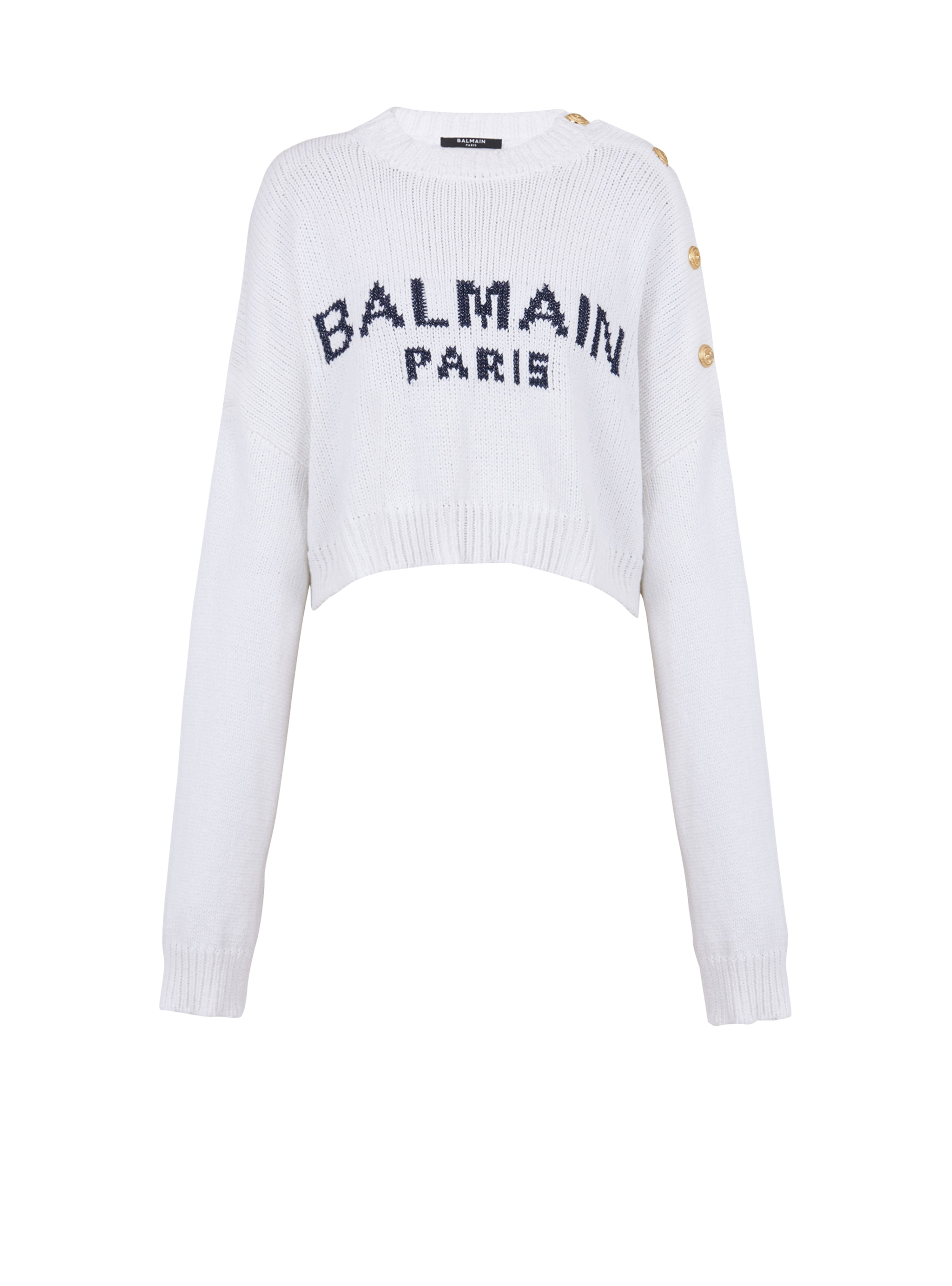 HIGH SUMMER CAPSULE - Cropped knit sweater with Balmain logo print, white