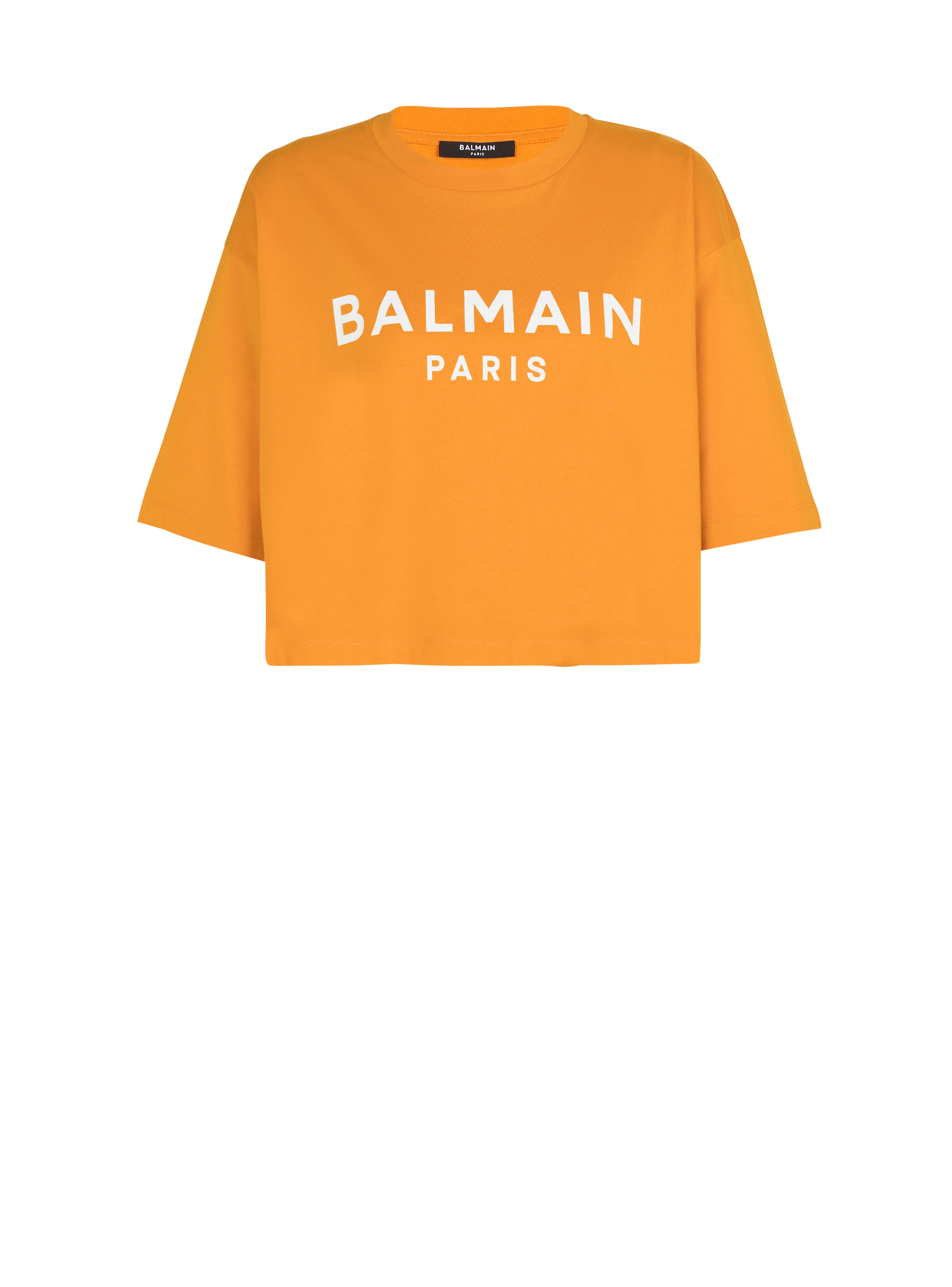 Eco-responsible cropped cotton T-shirt with Balmain logo print, orange