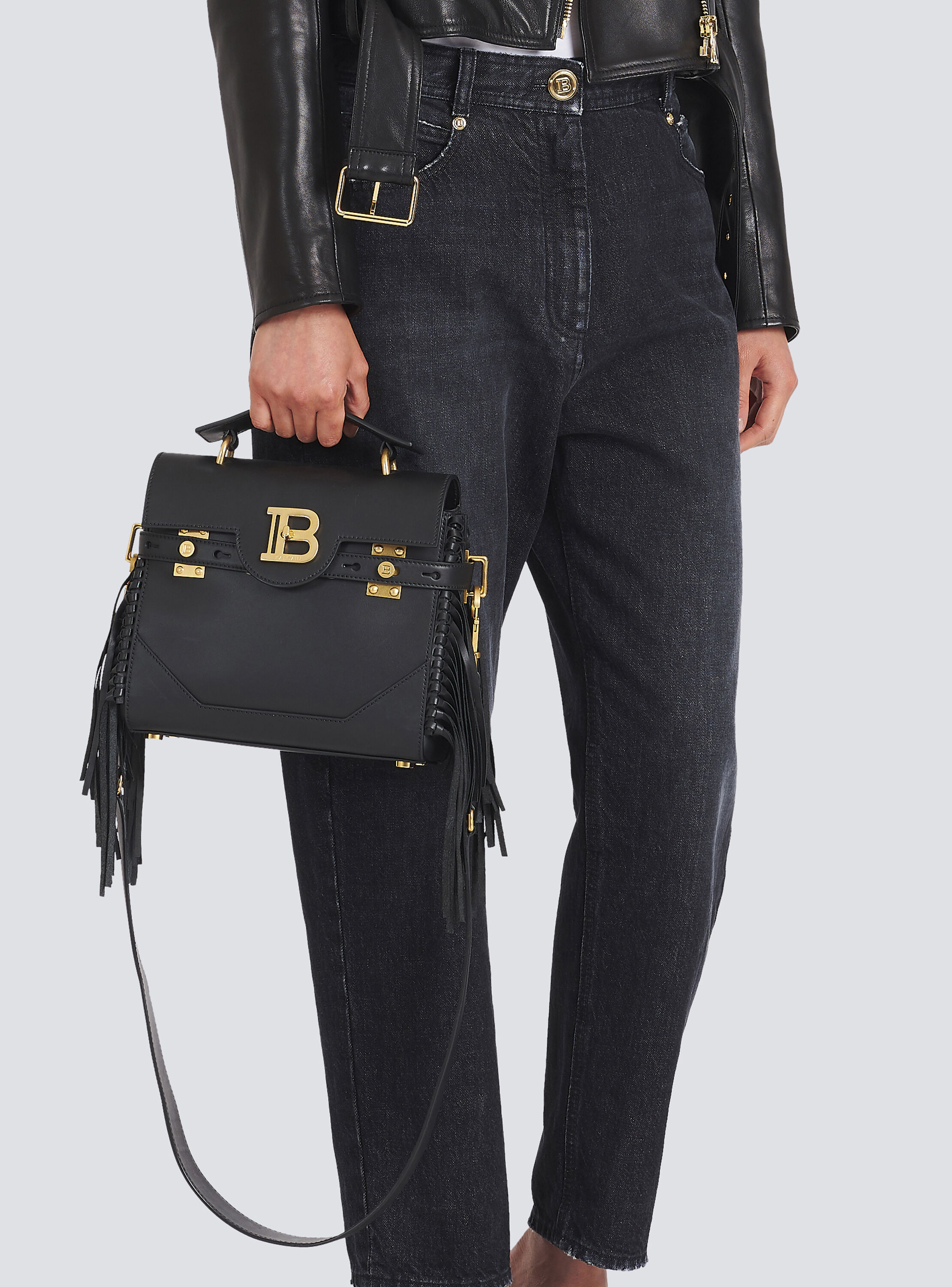 Smooth leather B-Buzz 23 bag with fringe - Women | BALMAIN