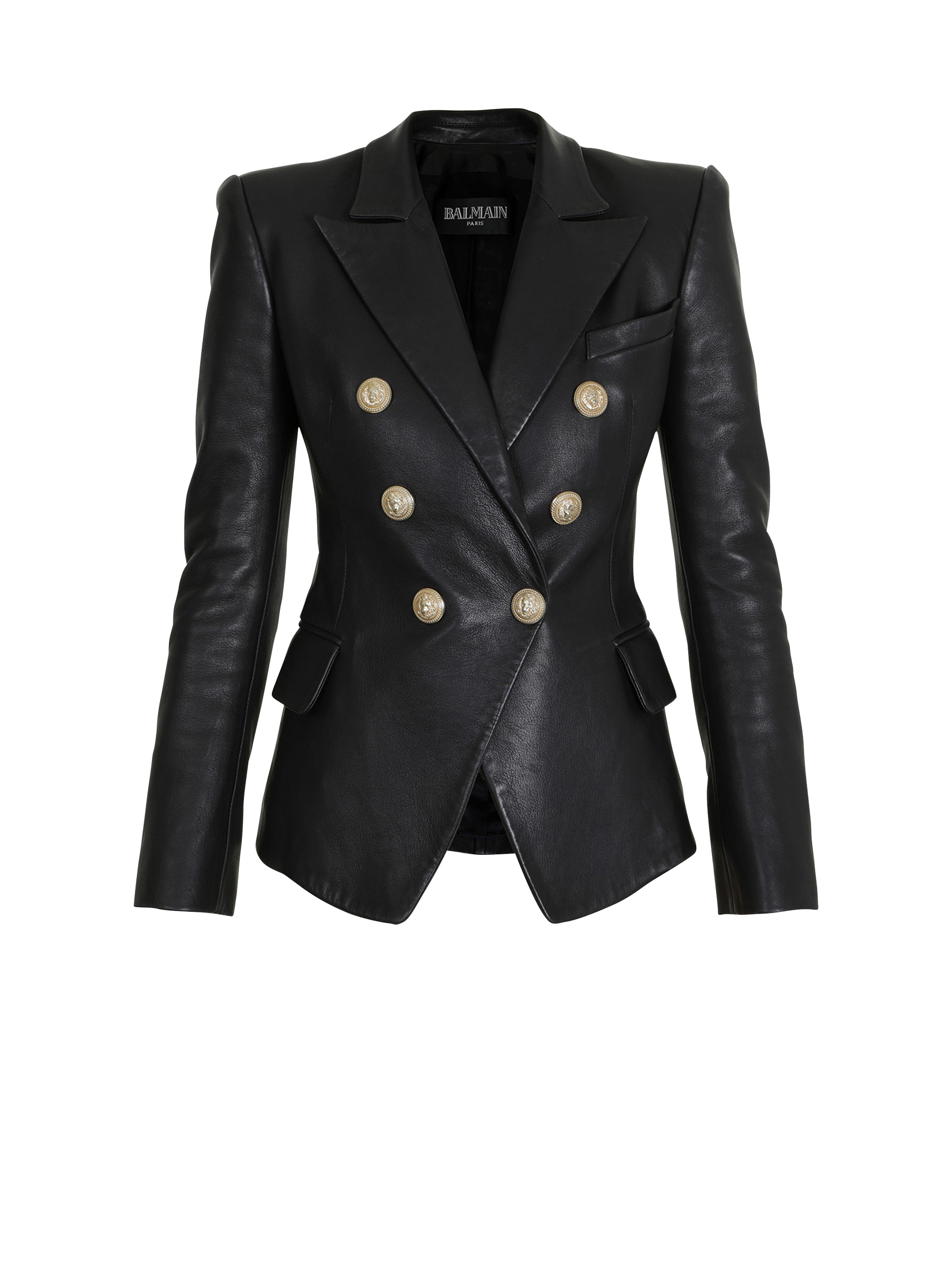 Double-breasted leather blazer, black