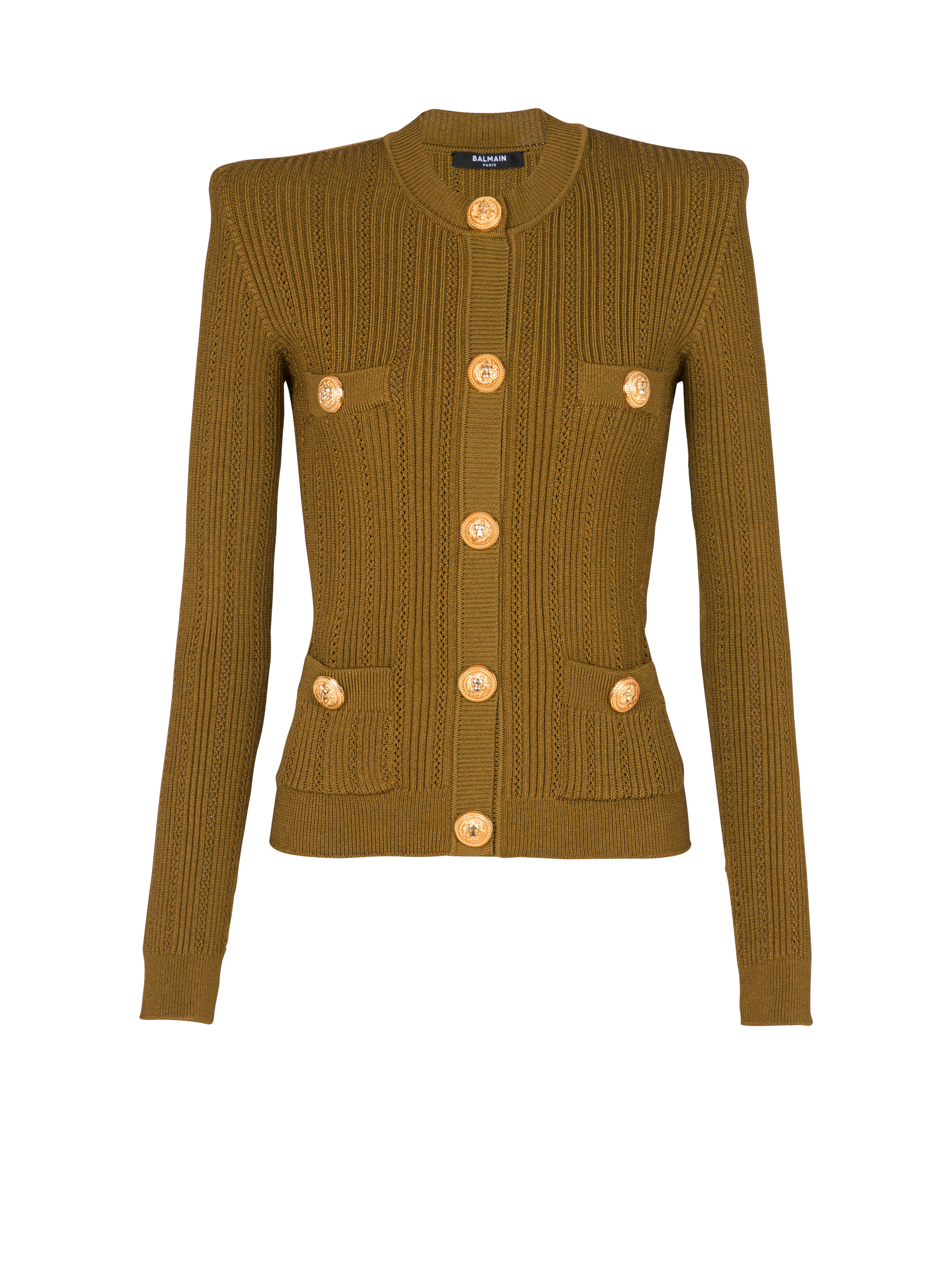 Knit cardigan with gold buttons, khaki