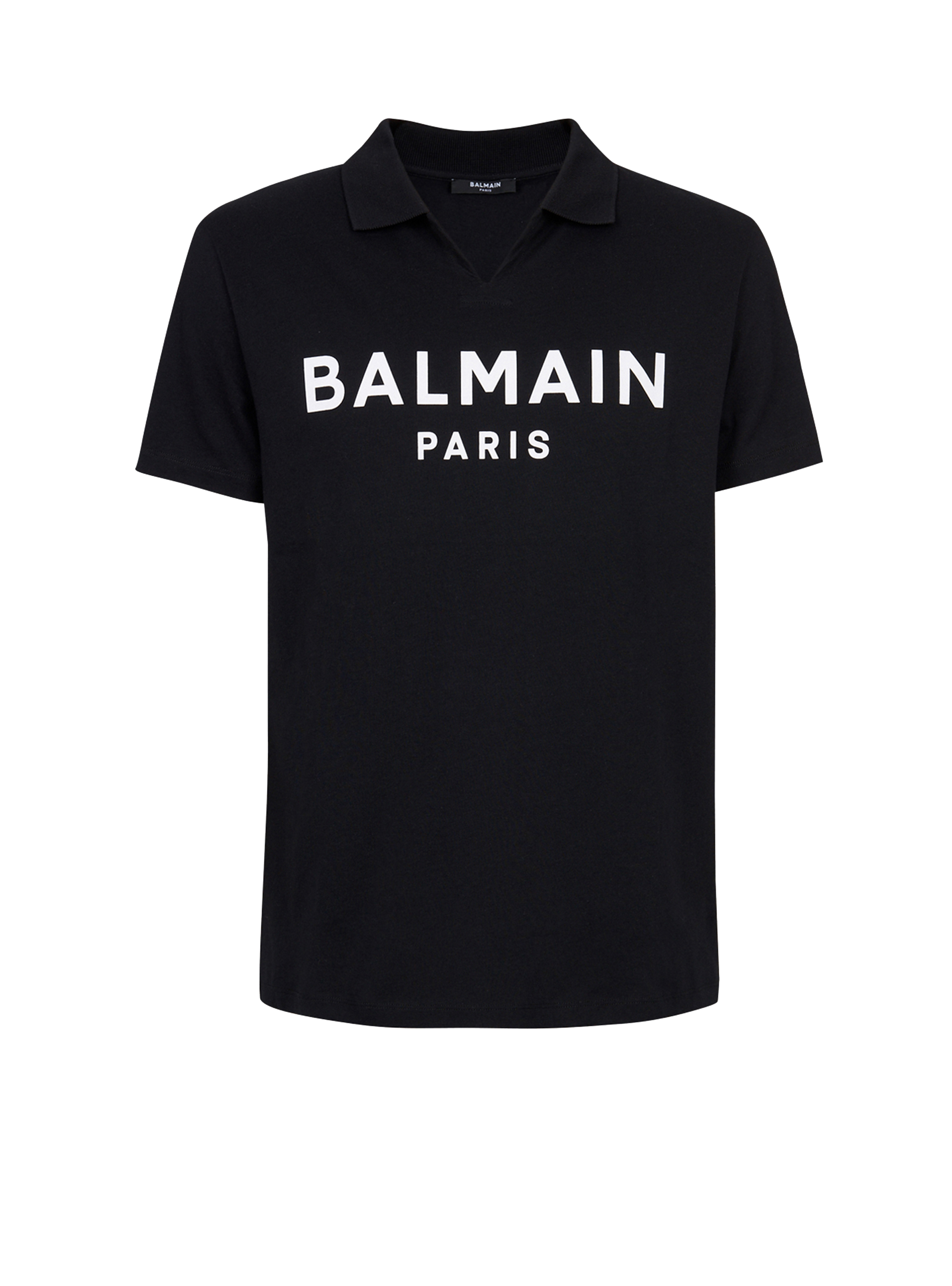 블랙 Balmain 로고 프린트 디테일 코튼 폴로 셔츠, black