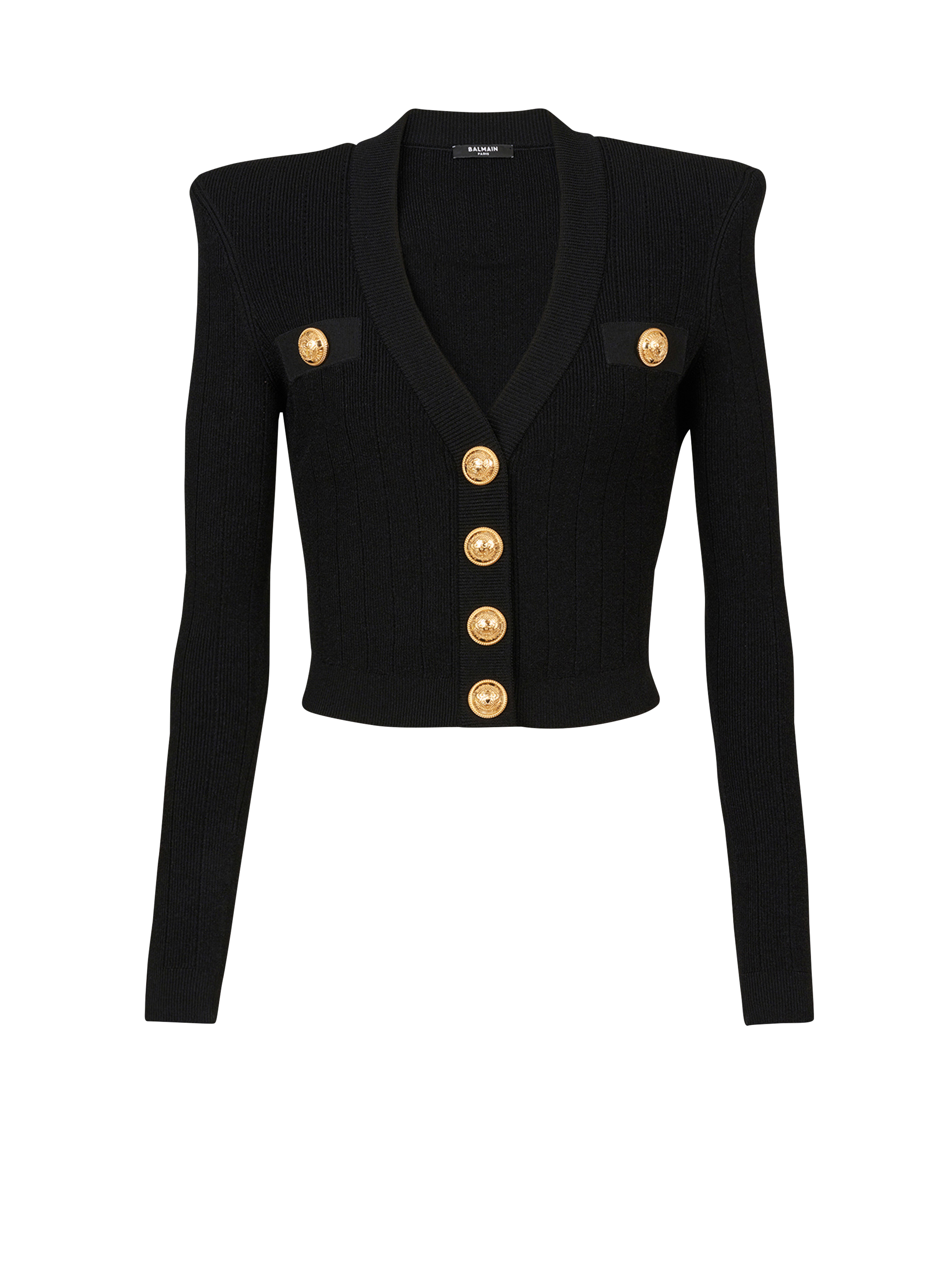Cropped eco-designed knit cardigan with gold-tone buttons, black