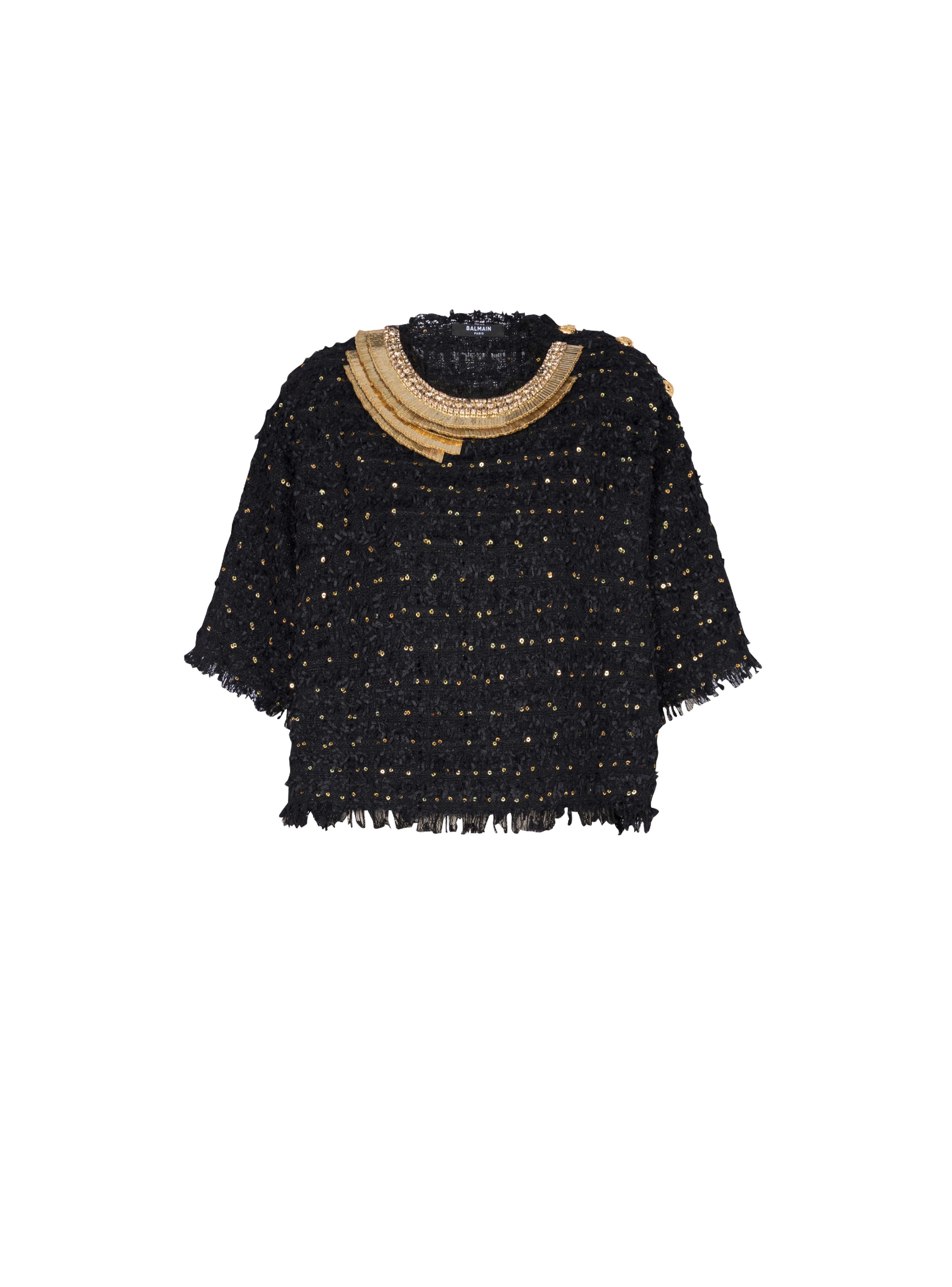 Embroidered tweed crop top, black