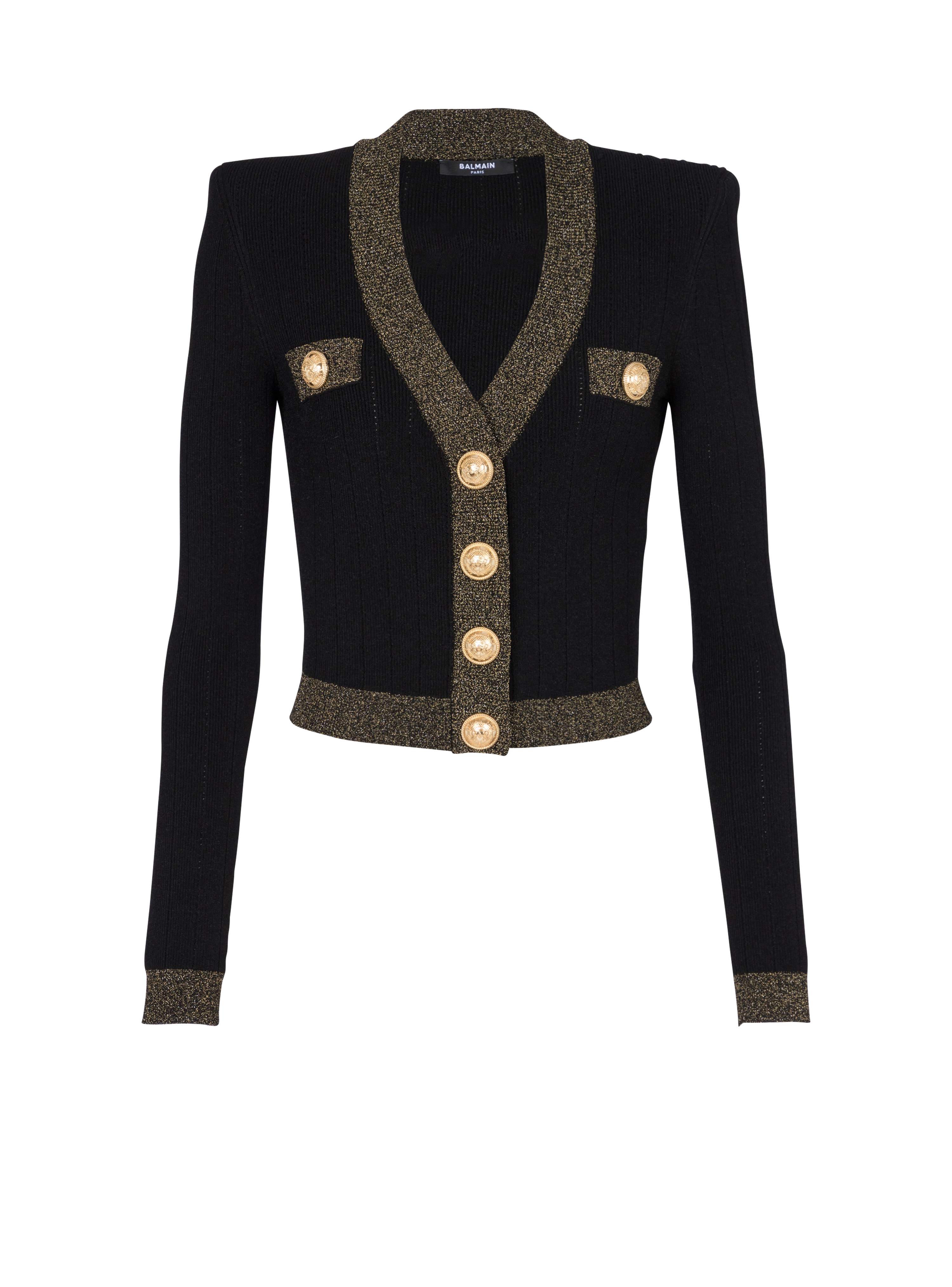 Cropped knit cardigan with gold trim, black