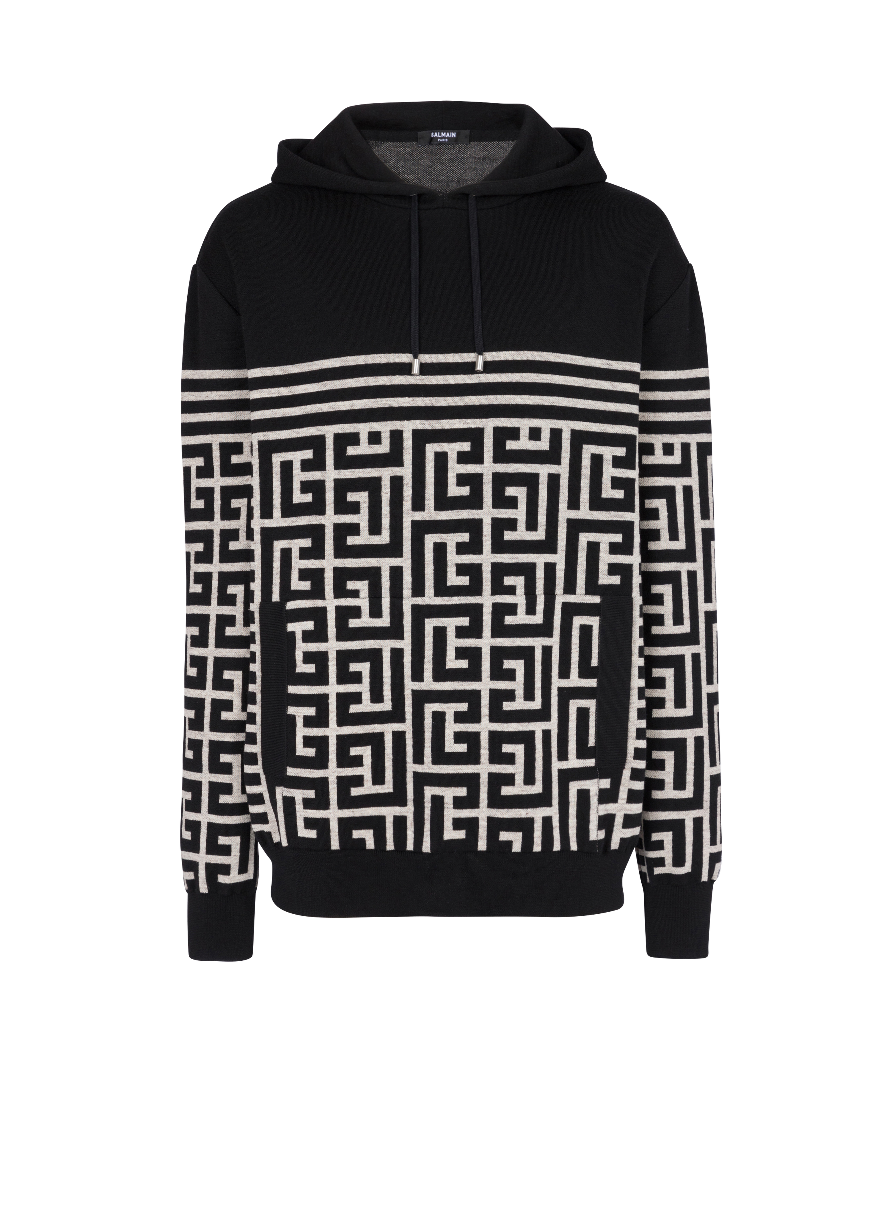 Monogrammed striped wool sweater, black