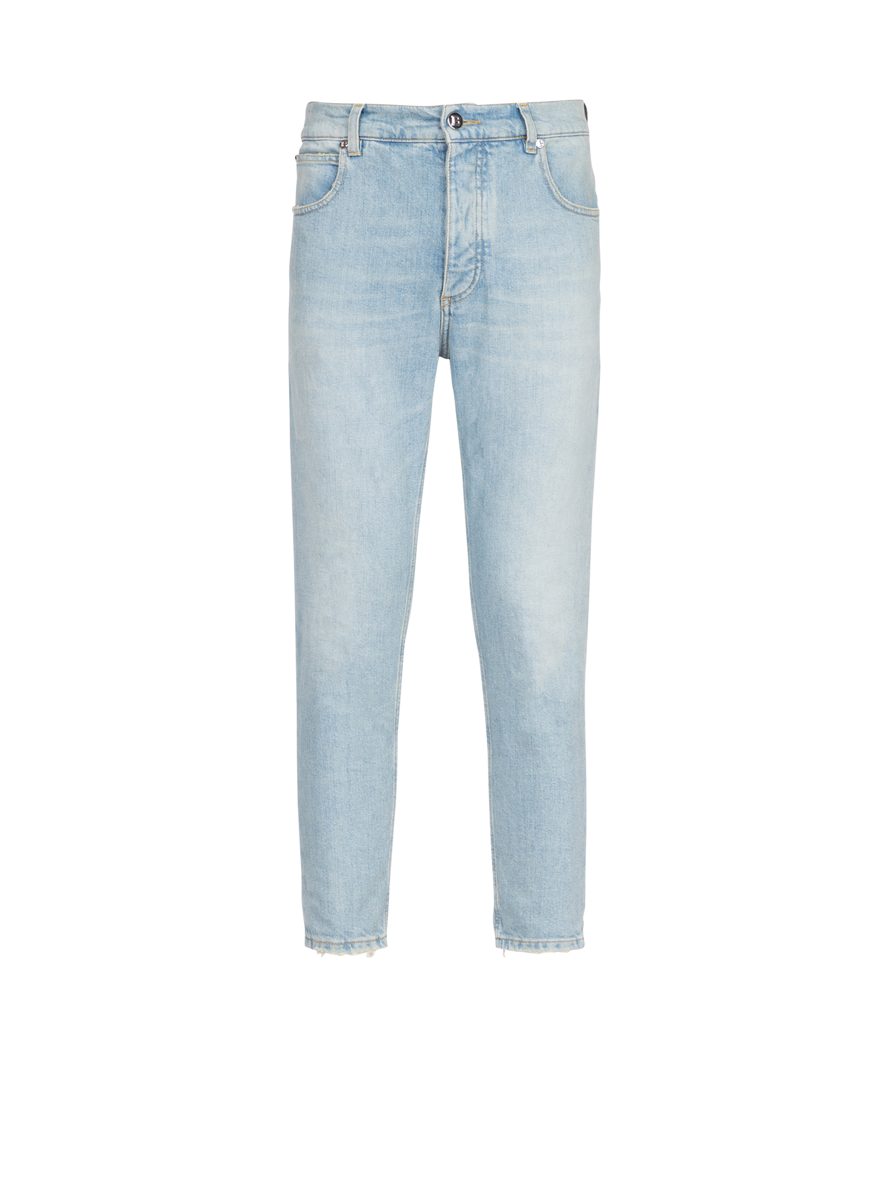 Slim cut eco-designed denim cotton jeans with embossed Balmain logo, blue