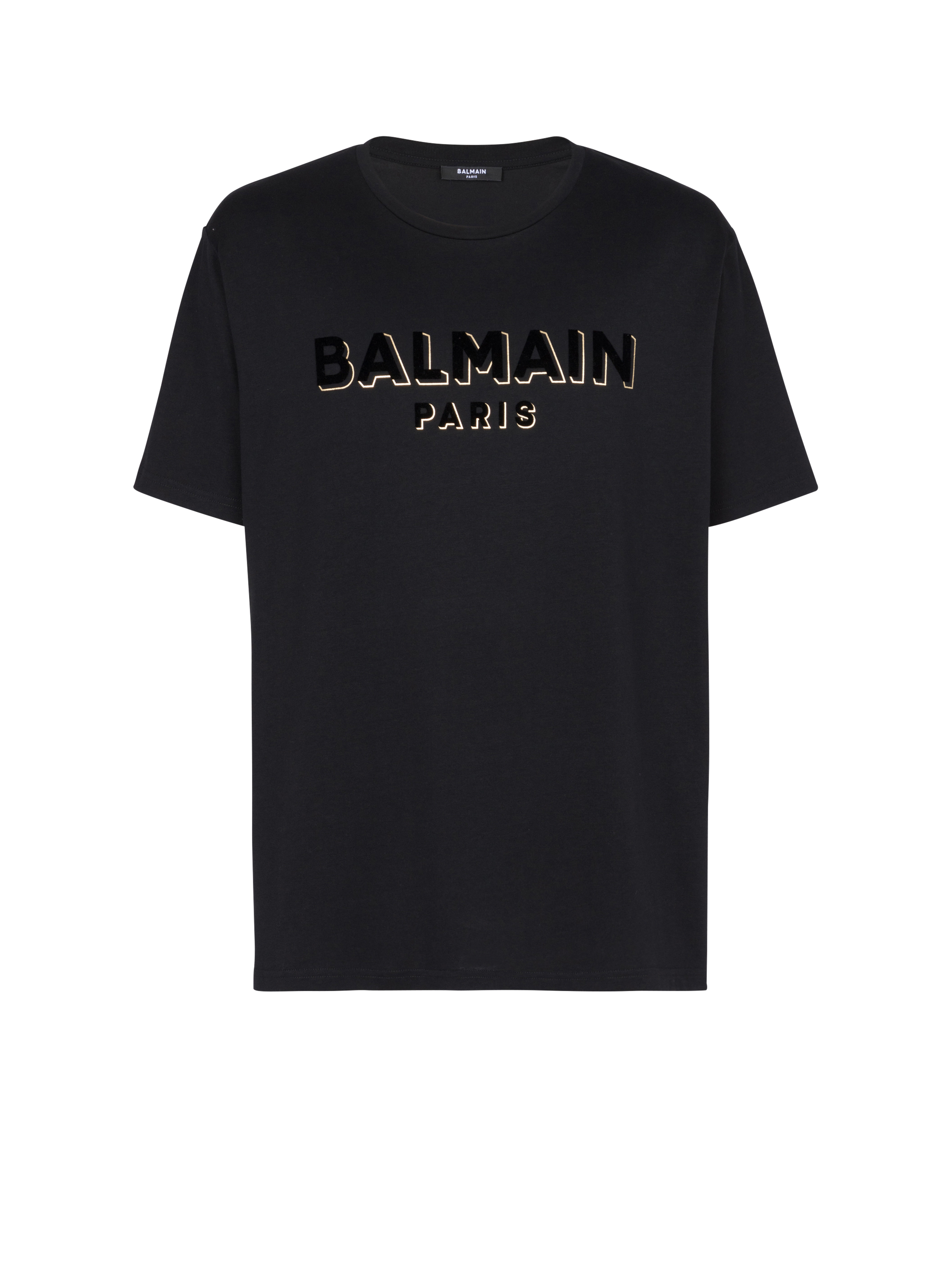 Cotton T-shirt with textured Balmain logo, black