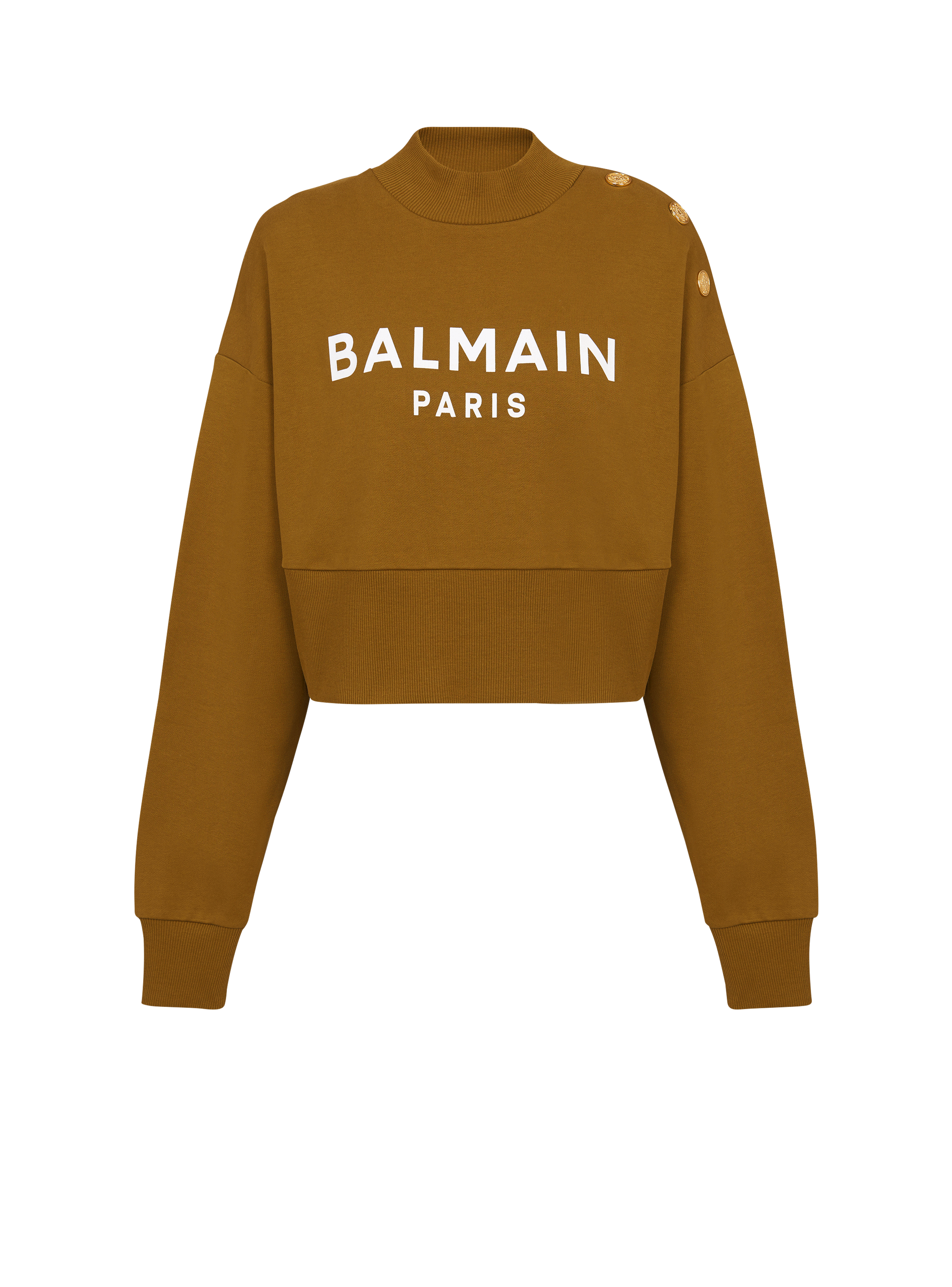 Eco-responsible cotton cropped sweatshirt with Balmain logo print, khaki