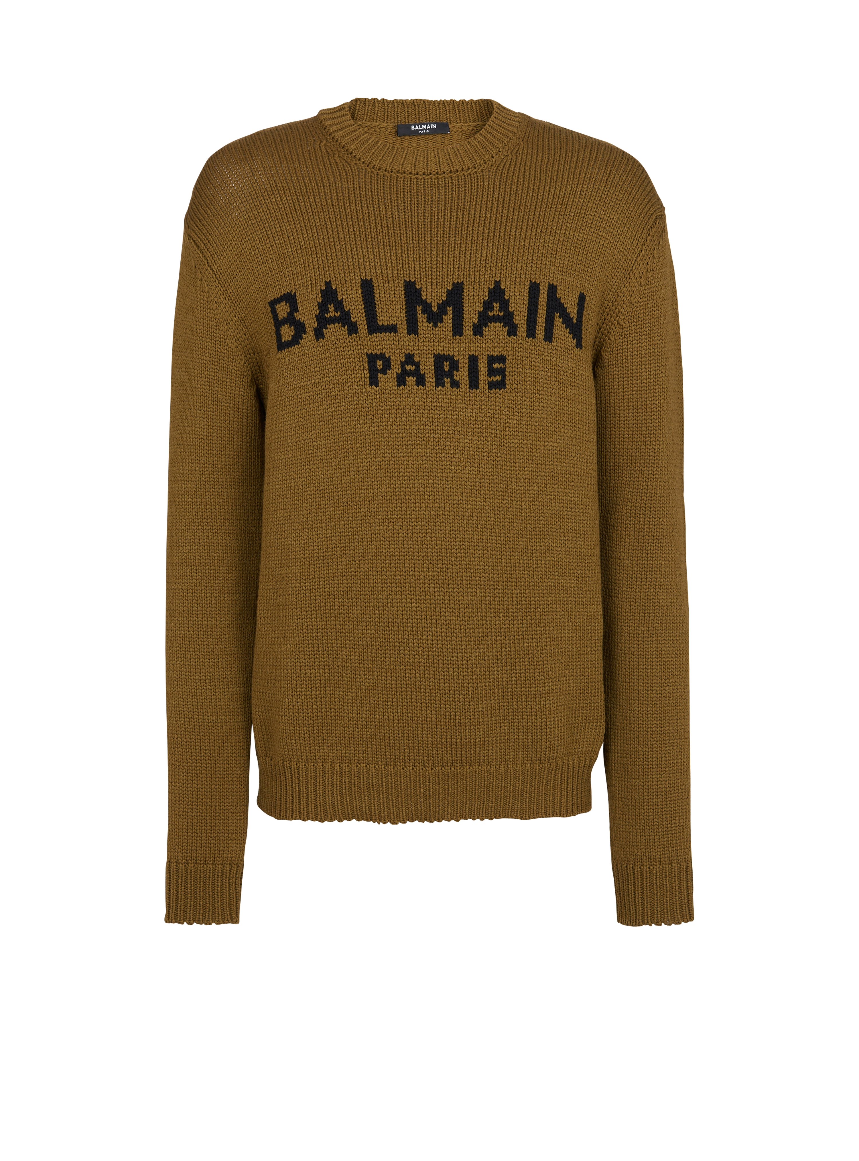 Wool jumper with Balmain logo, khaki
