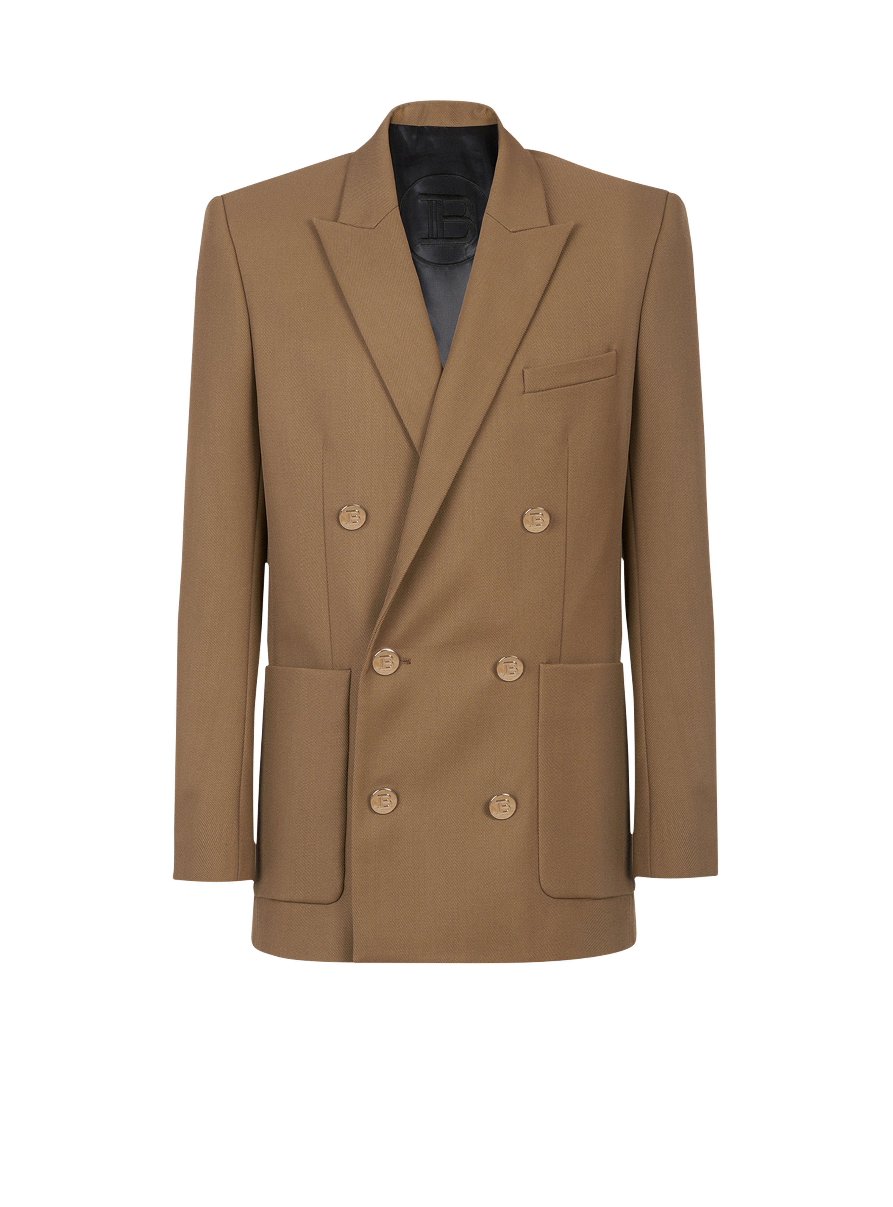 Twill blazer with double-breasted silver-tone buttoned fastening, brown