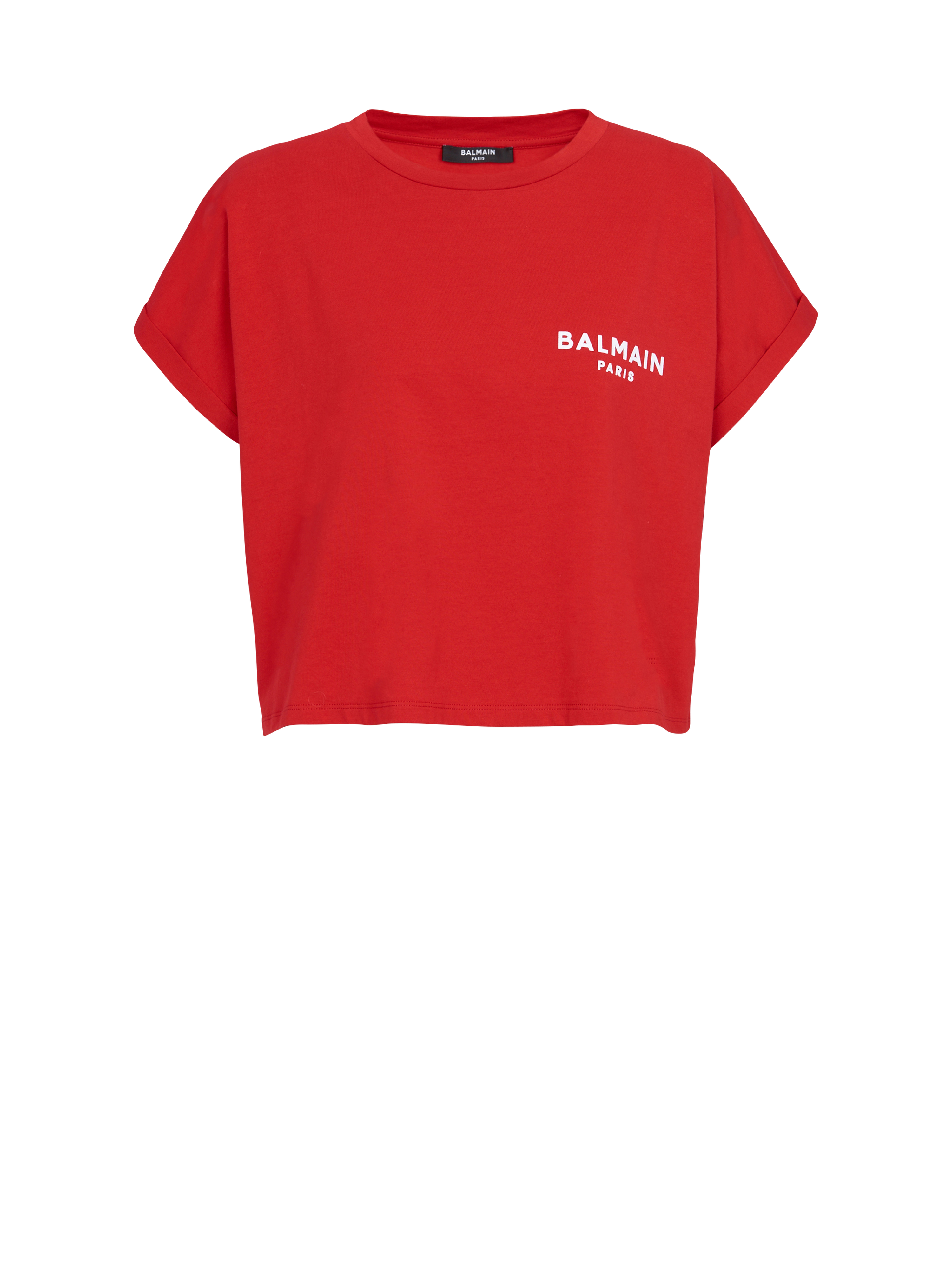 小号植绒 Balmain 徽标装饰短款棉质 T 恤, red