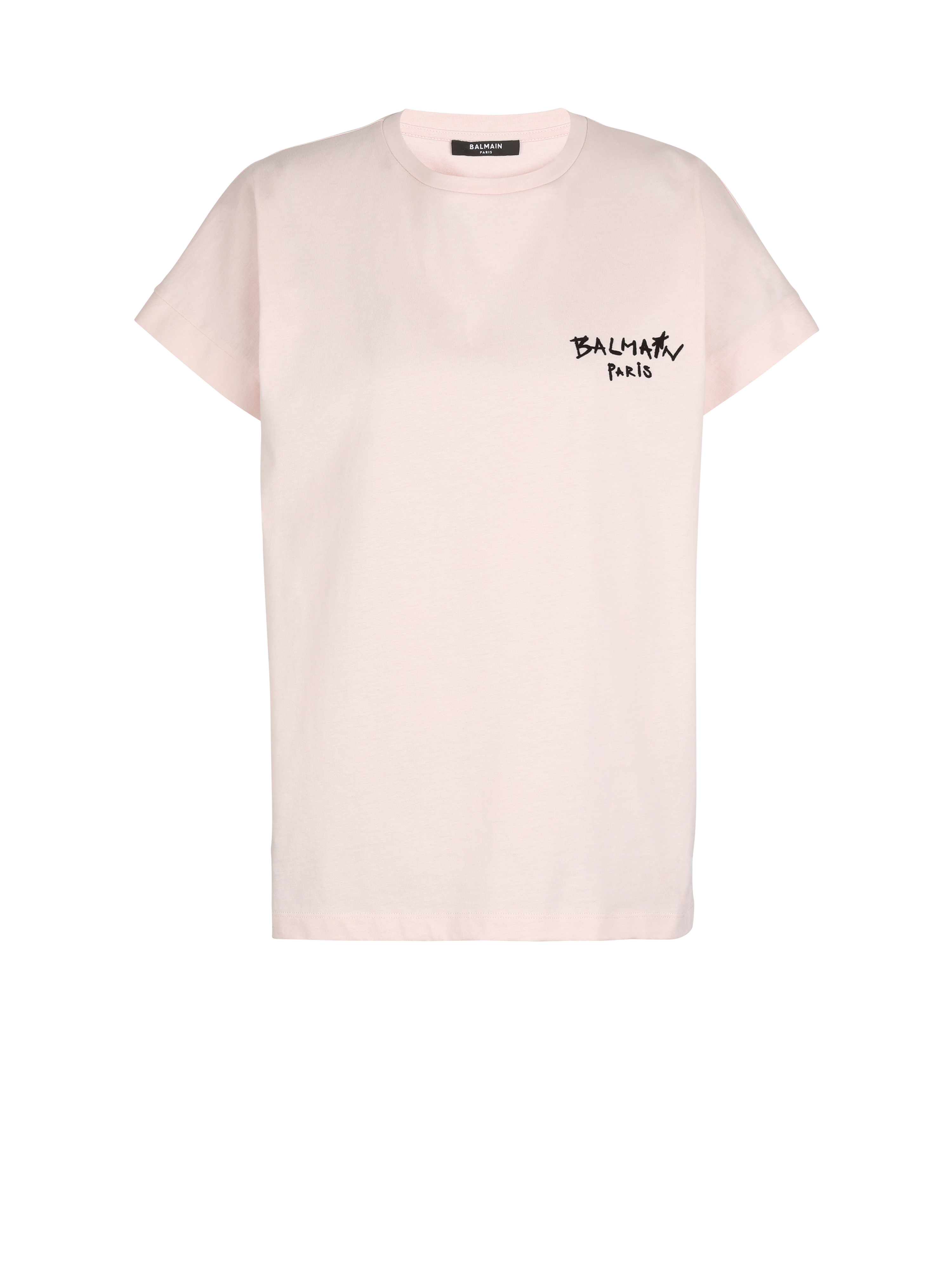 Cotton T-shirt with small flocked graffiti Balmain logo, pink