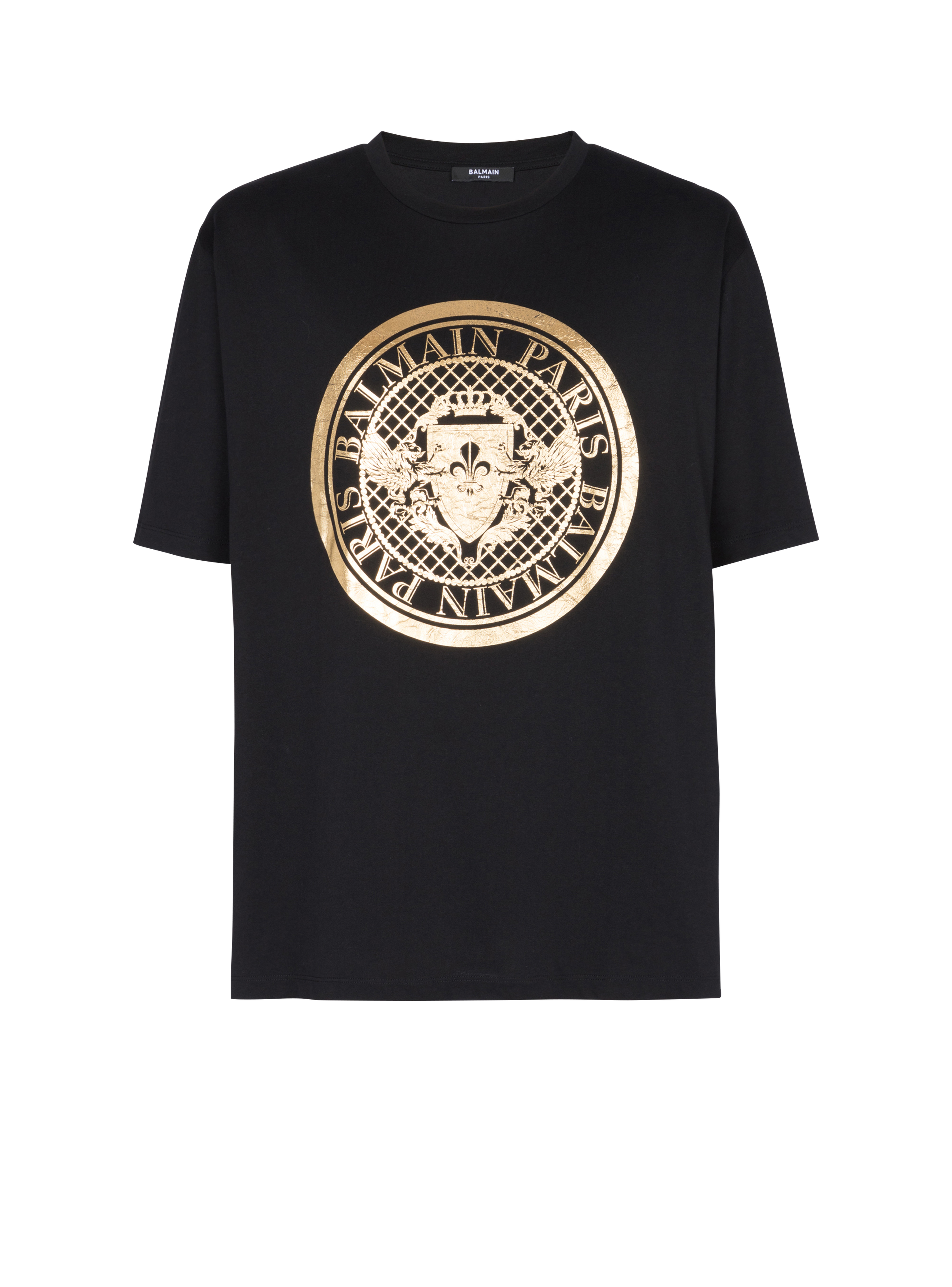Cotton T-shirt with metallic coin logo print, gold