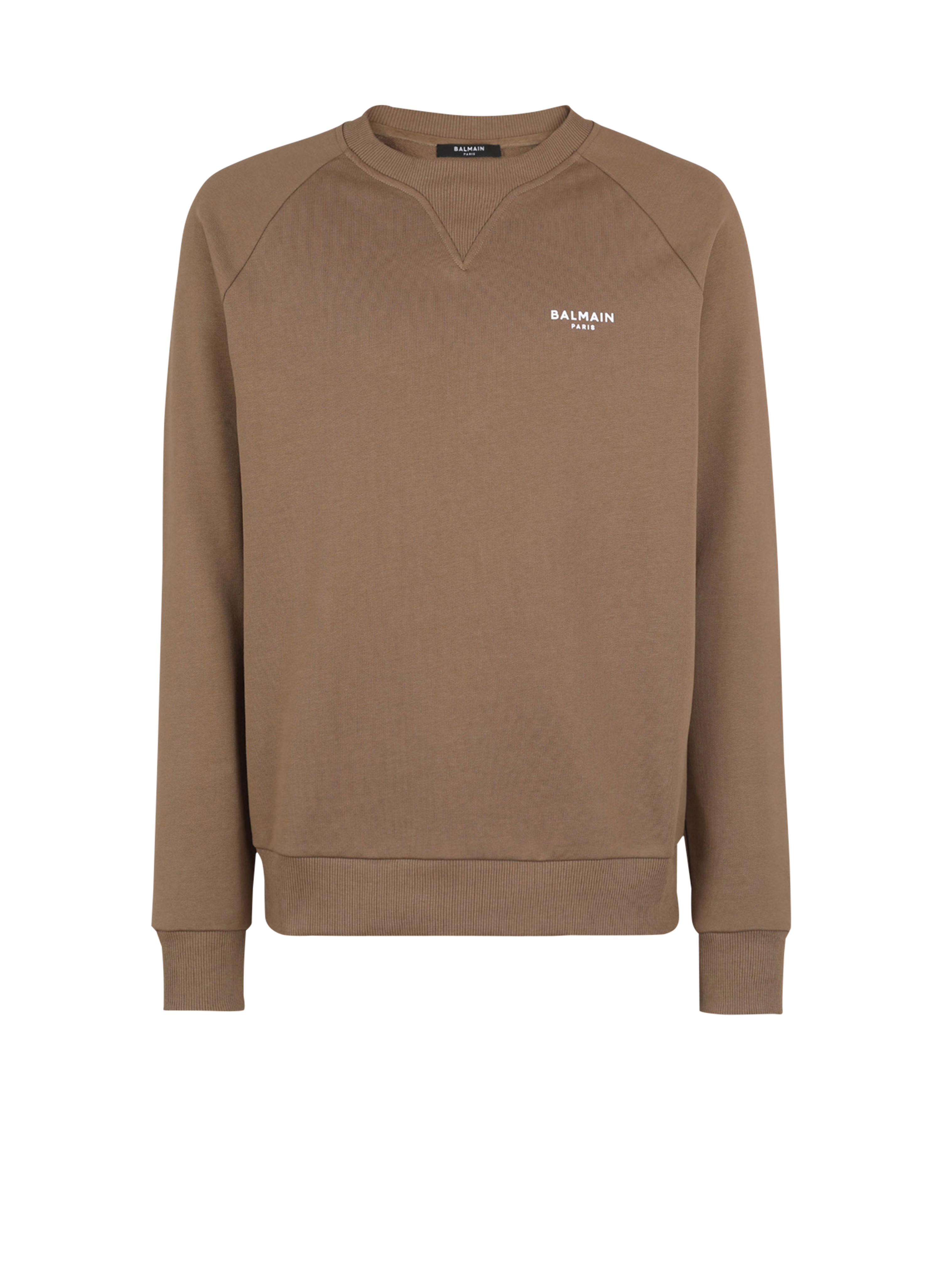 Eco-designed cotton sweatshirt with small flocked Balmain Paris logo, brown
