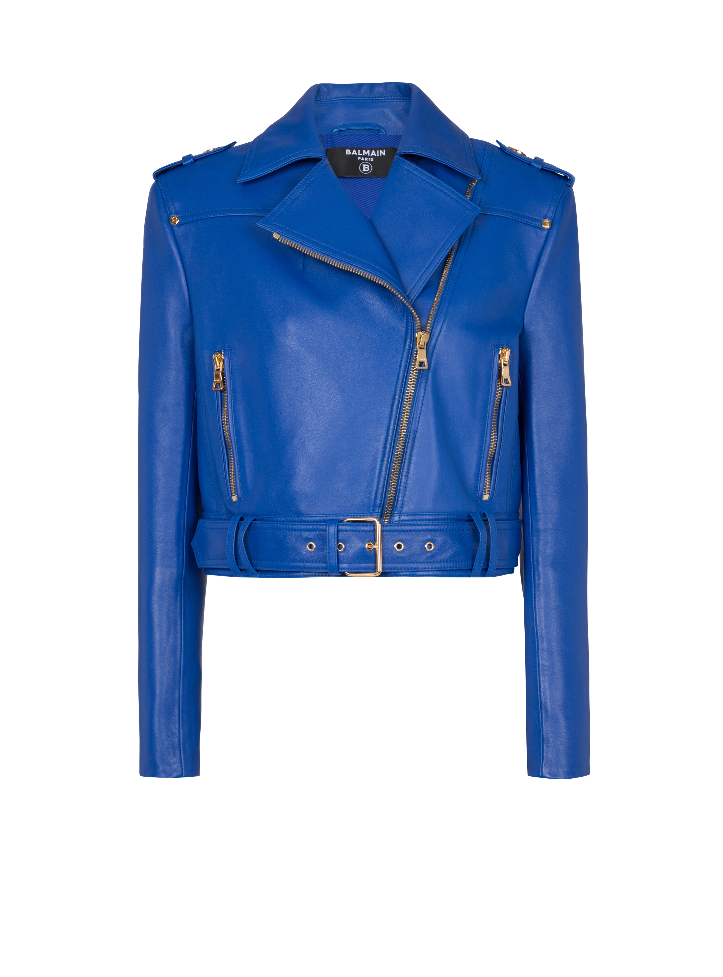 Short leather biker jacket, blue