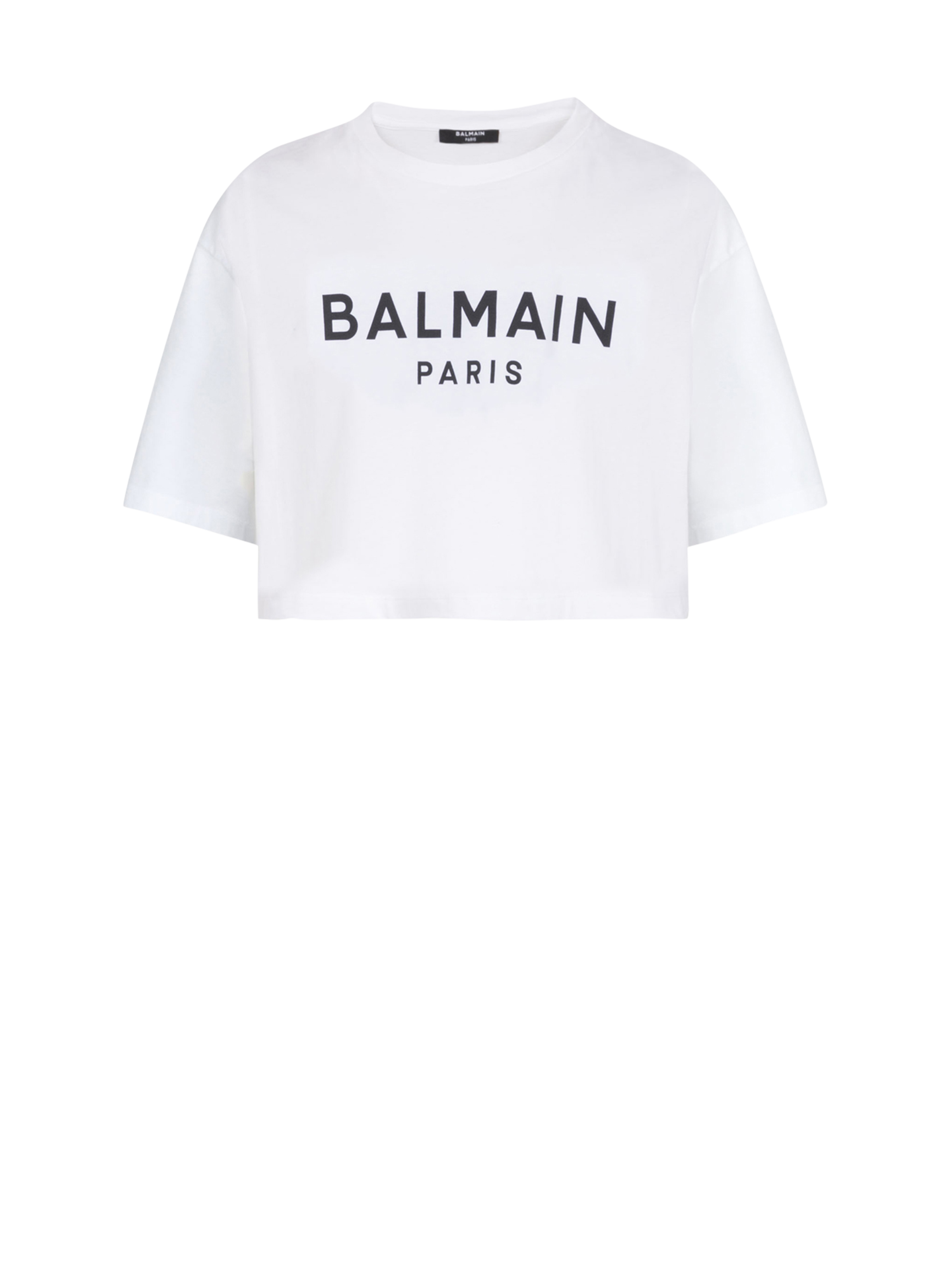 Eco-responsible cropped cotton T-shirt with Balmain logo print, white