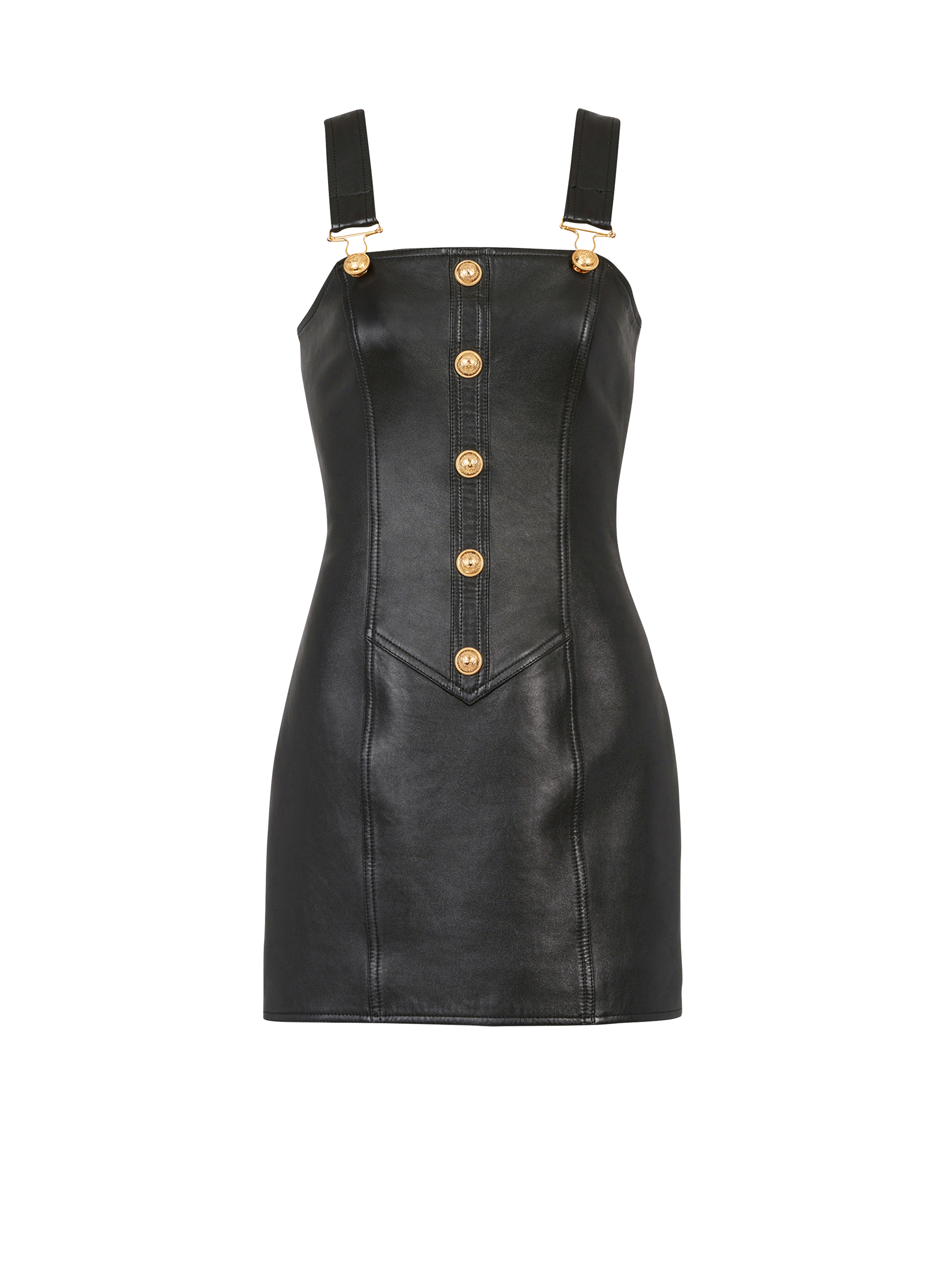 Short leather overall dress, black