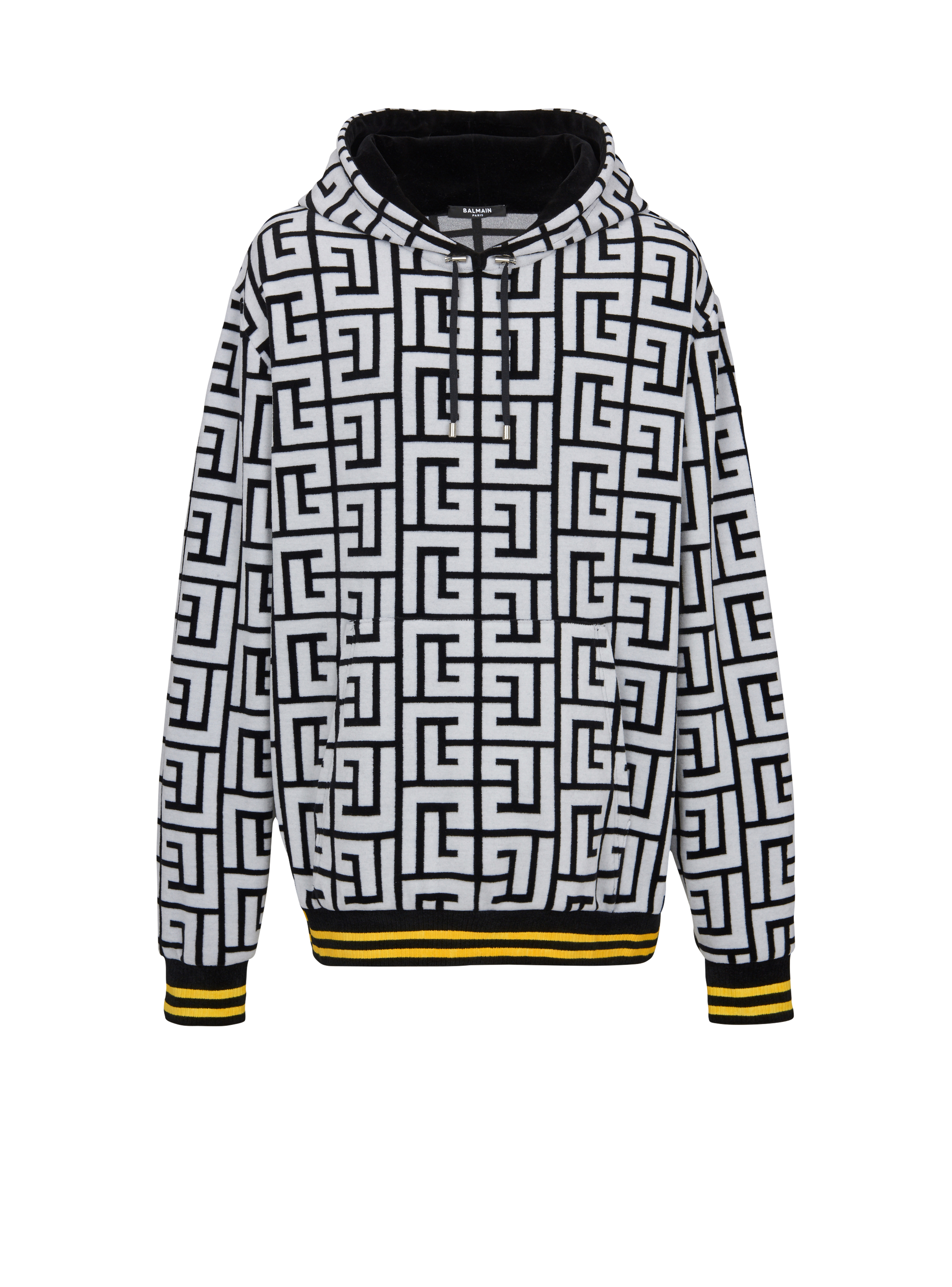 Velvet hoodie with large Balmain monogram, black