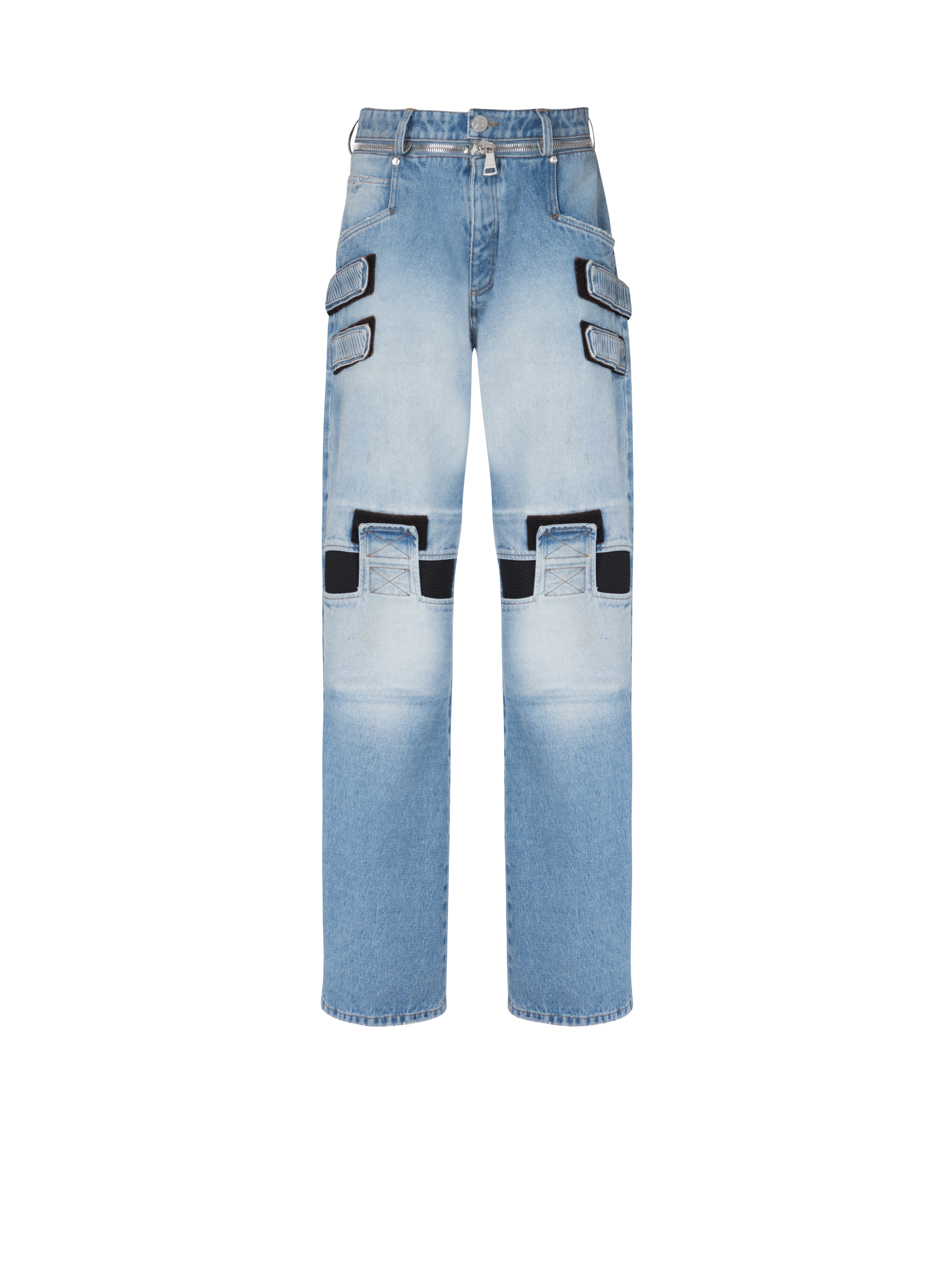 Faded wide-leg cotton jeans with Velcro strips, blue