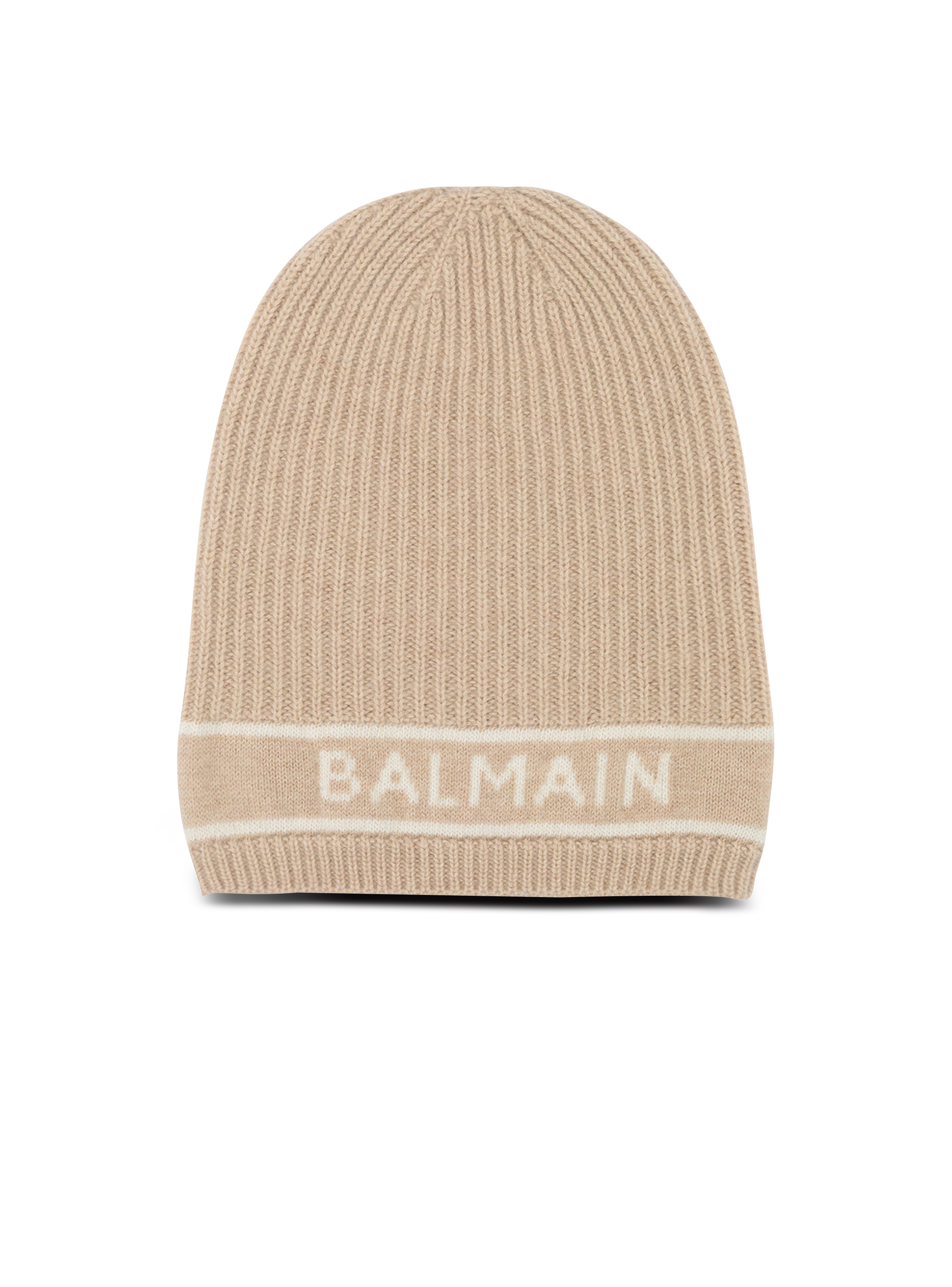 Wool beanie with embroidered Balmain logo, beige