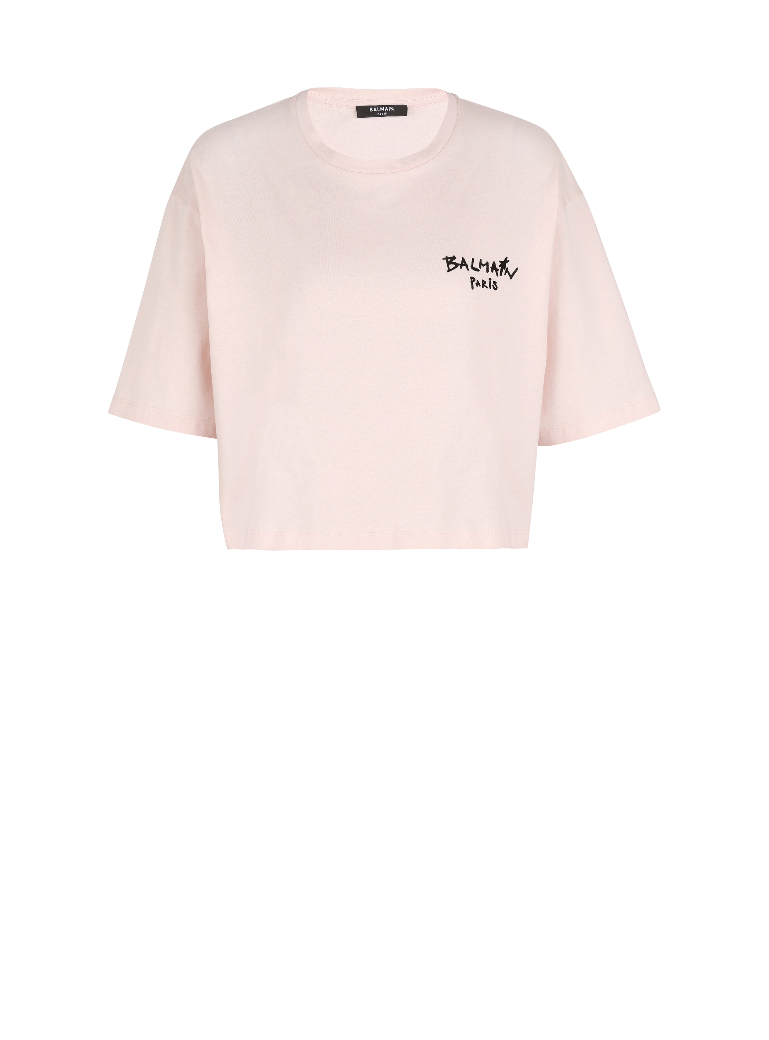 小号植绒涂鸦 Balmain 徽标装饰短款棉质 T 恤, pink