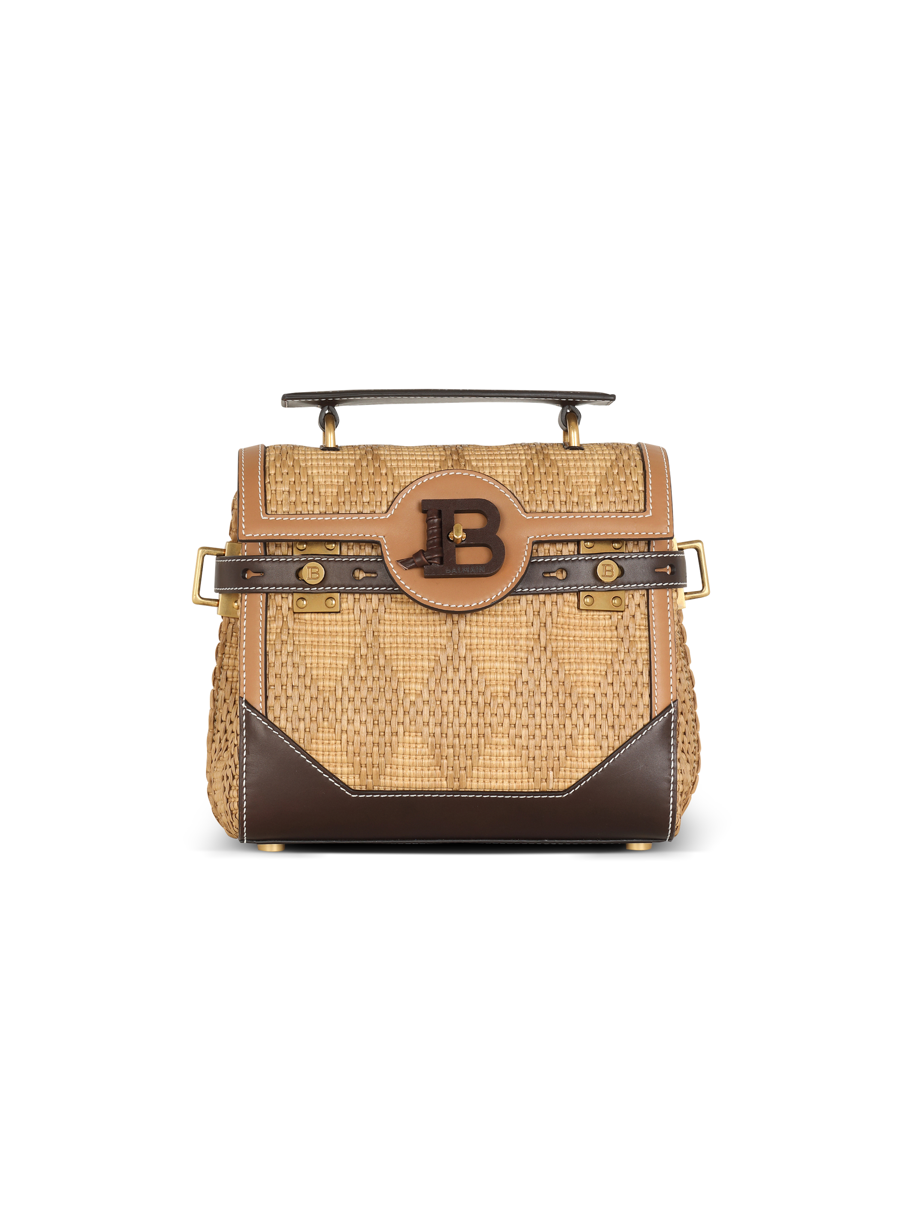 B-Buzz 23 leather and raffia bag, brown
