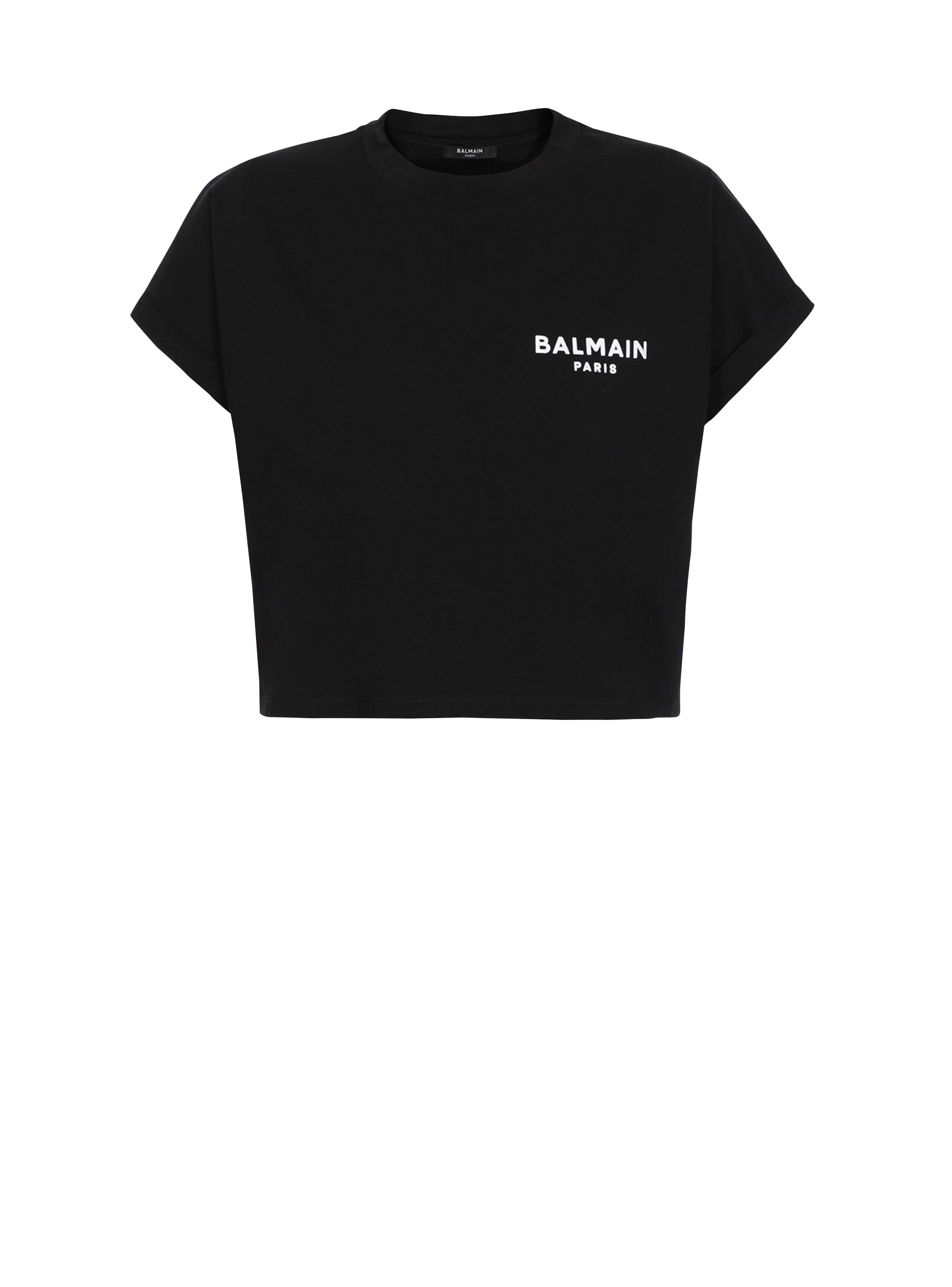Cropped eco-designed cotton T-shirt with small flocked Balmain logo, black