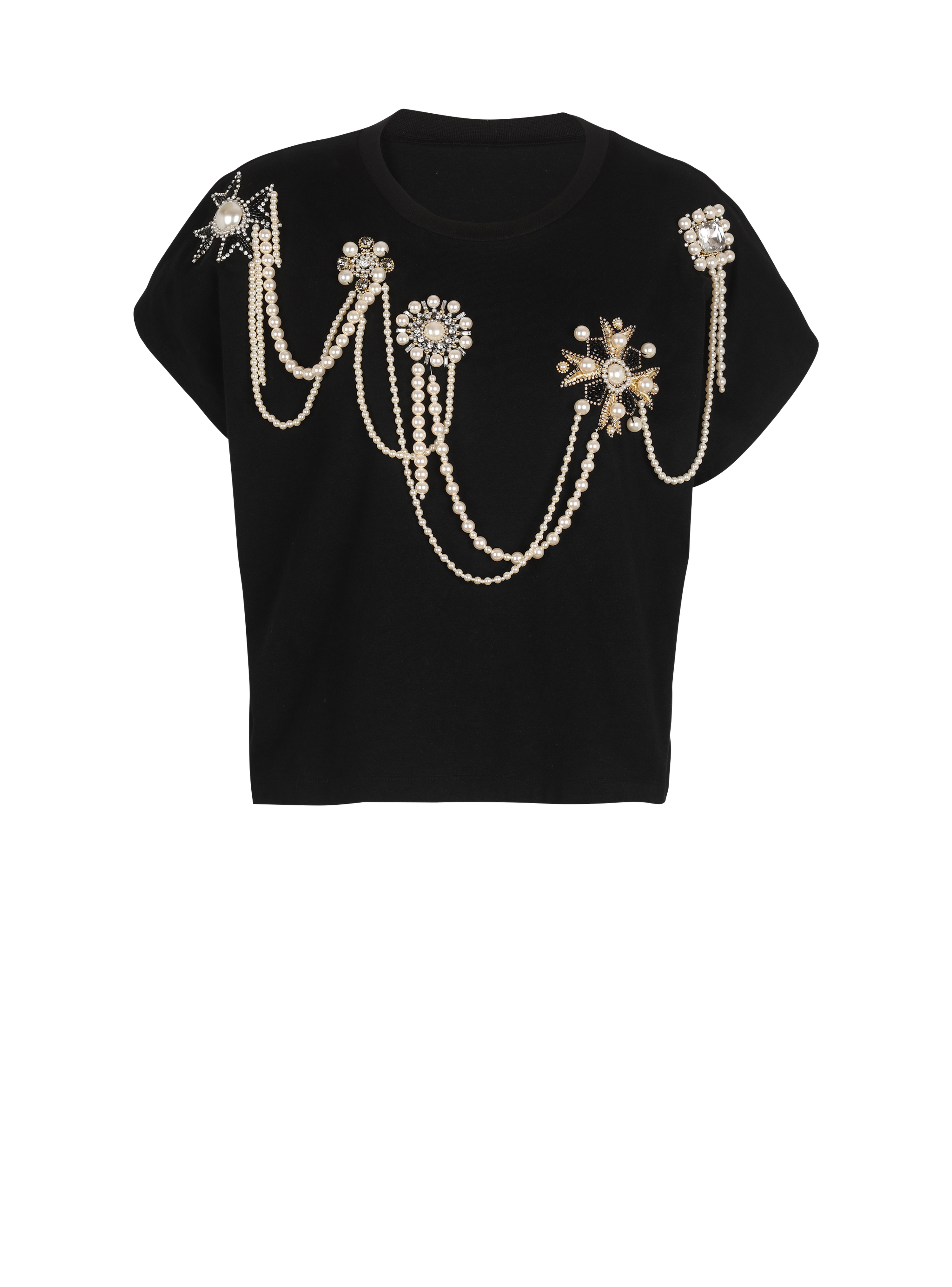 Cropped cotton T-shirt with embroidery, black