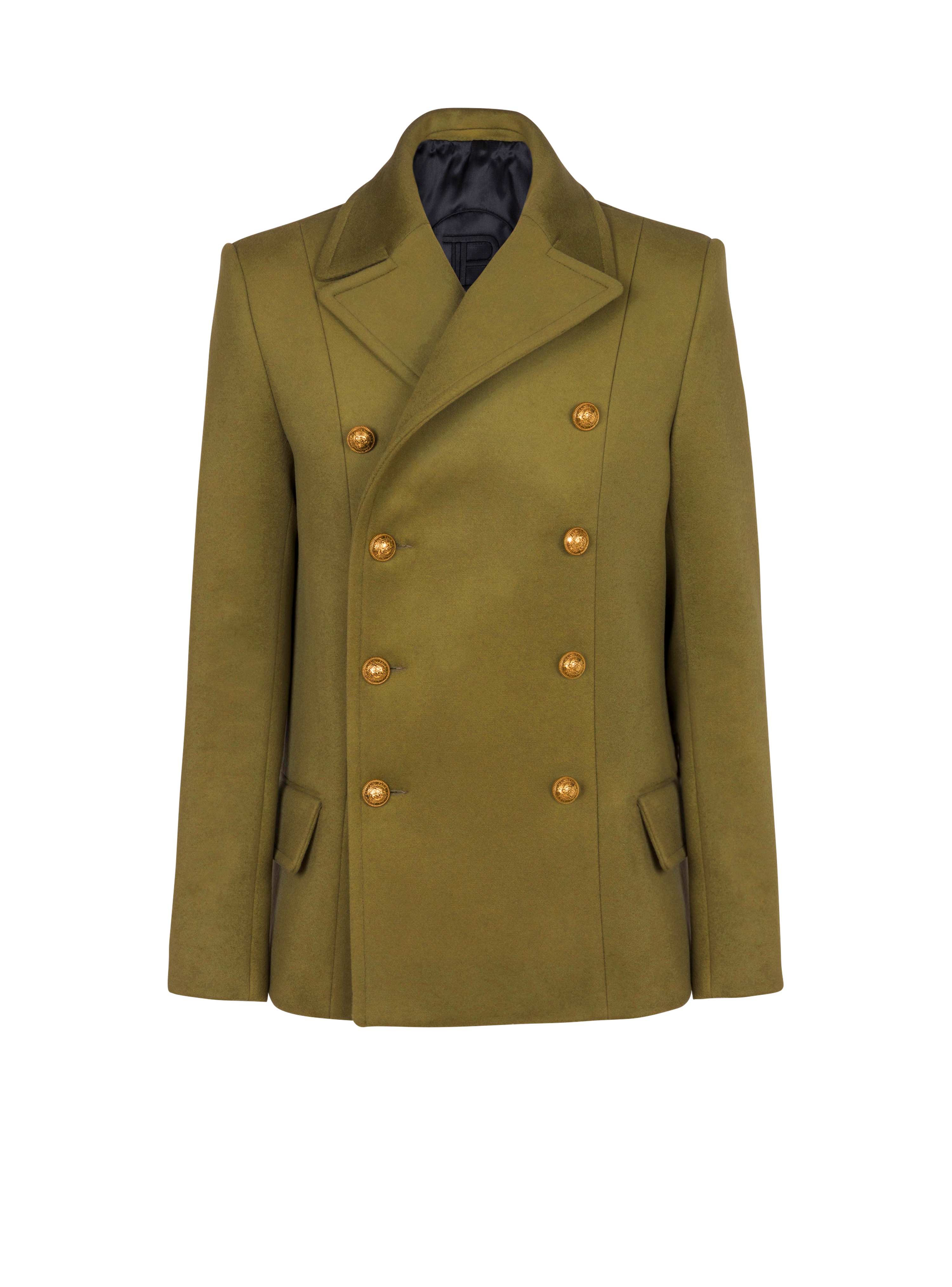 Double-breasted wool pea coat, khaki