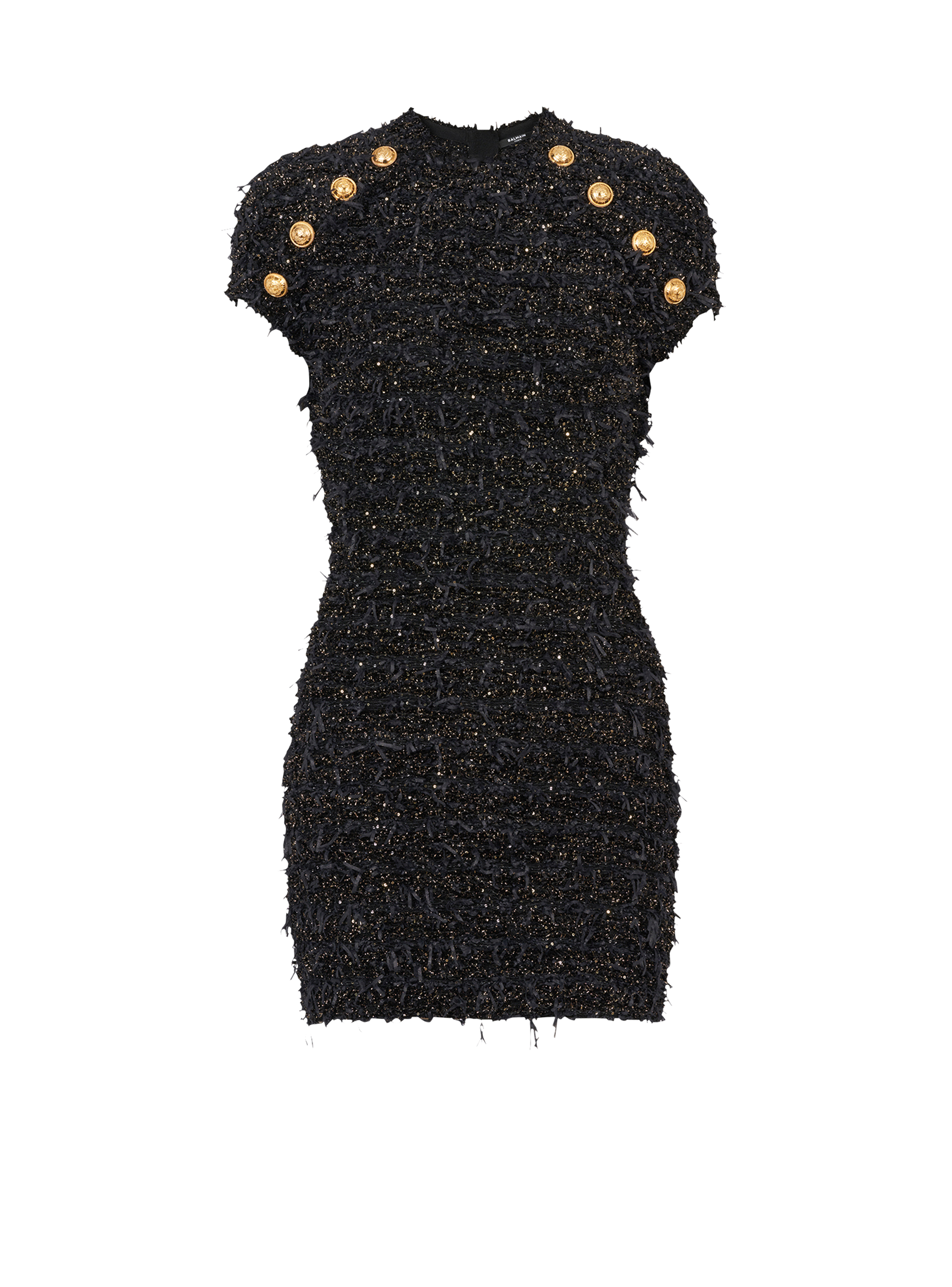 Short tweed dress with gold-tone buttons, black