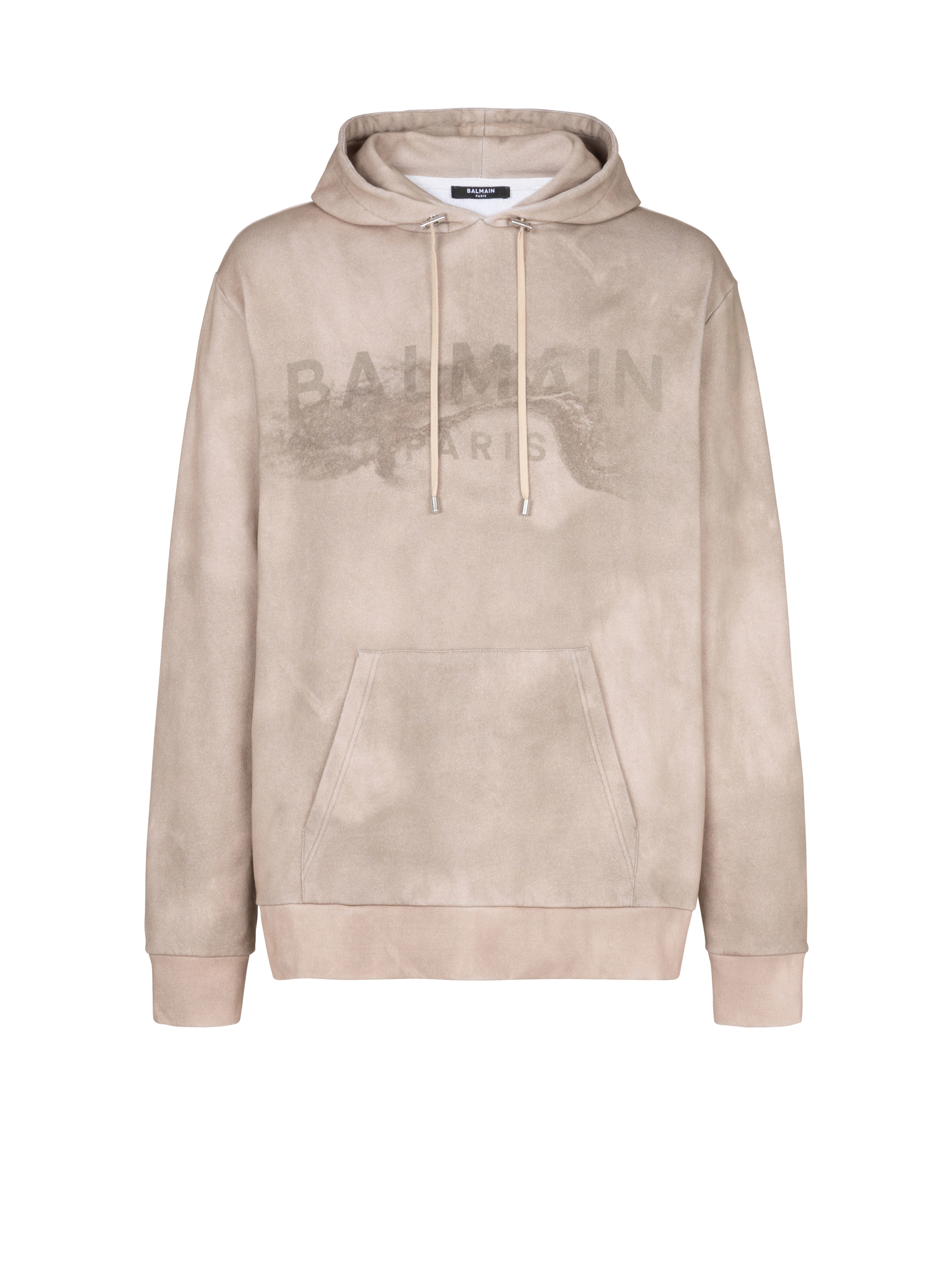 Hoodie in eco-responsible cotton with Balmain Paris desert logo print, beige