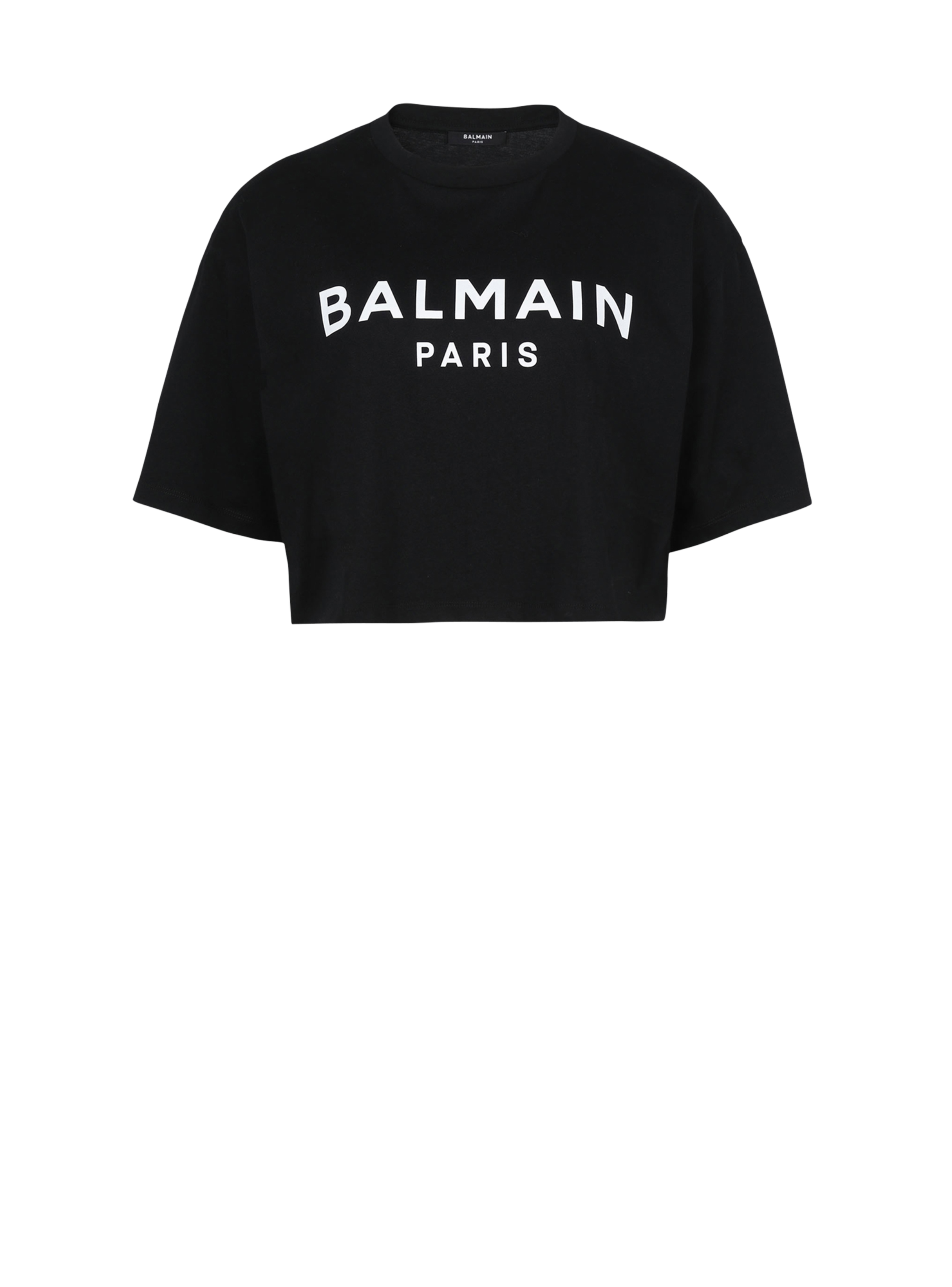 Eco-responsible cropped cotton T-shirt with Balmain logo print, black