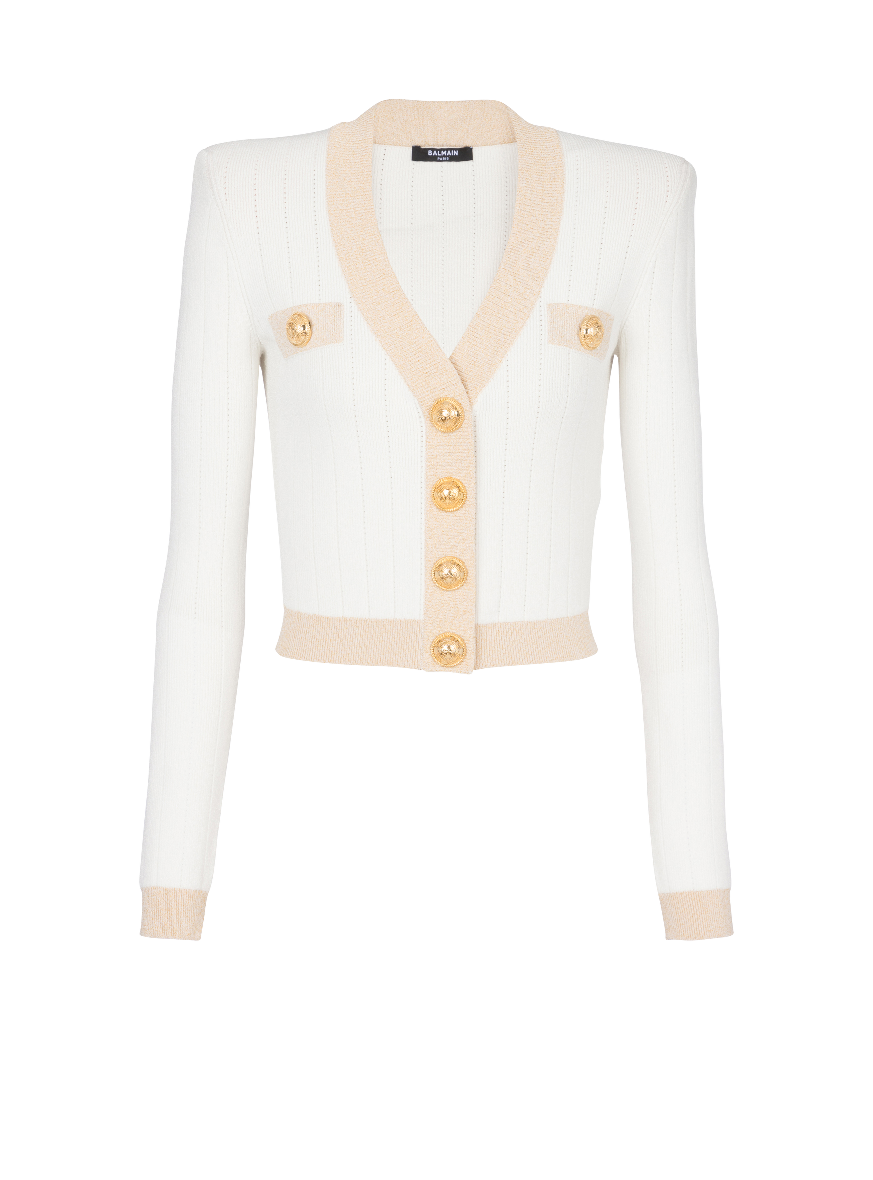 Cropped knit cardigan with gold trim, white