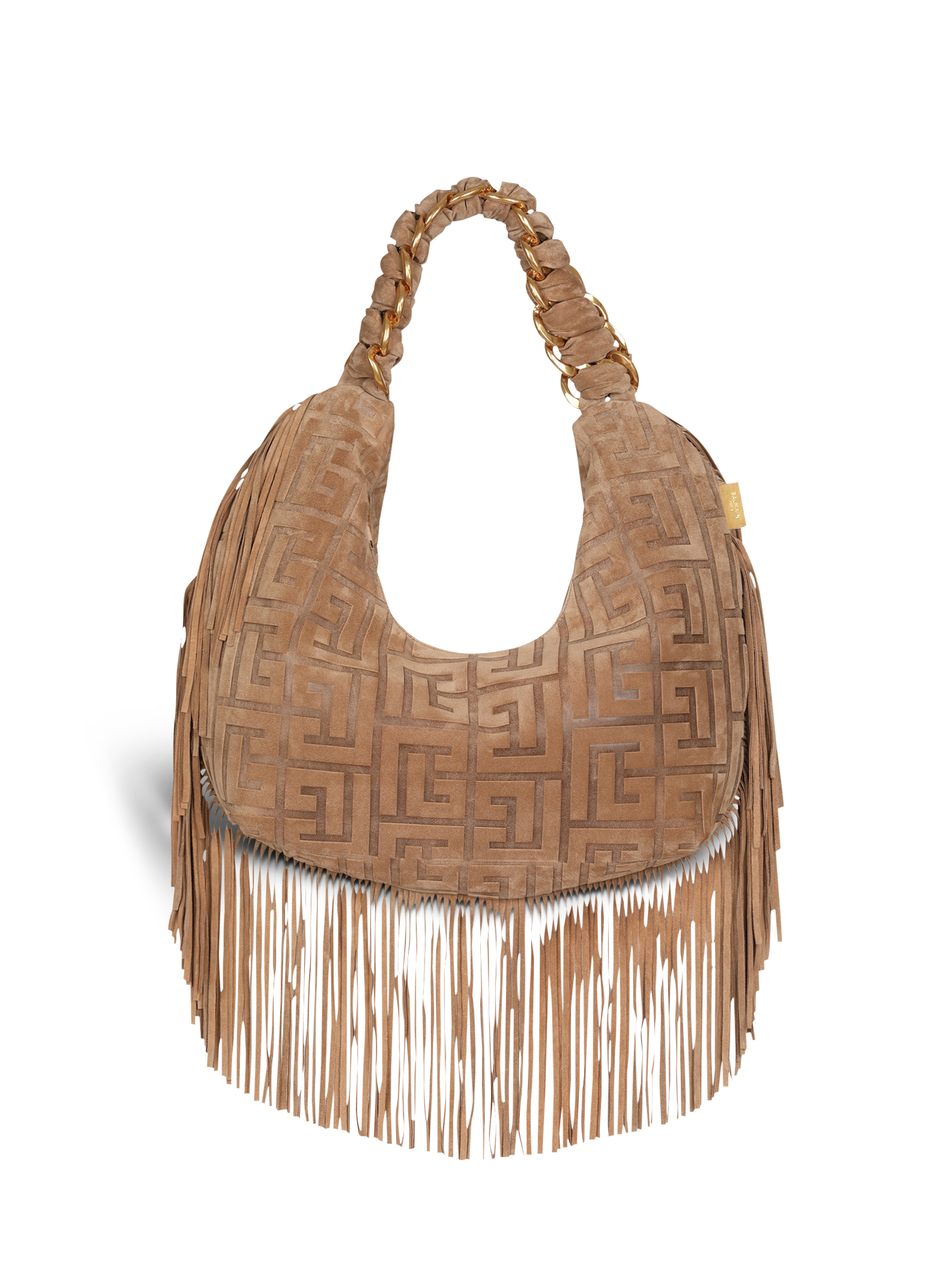 Suede Pillow Hobo bag with fringe, beige
