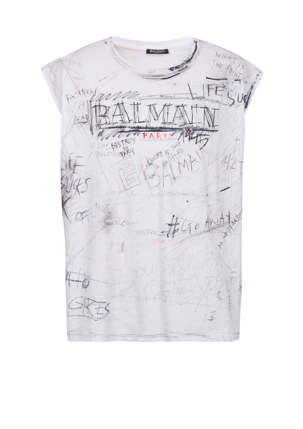 Unisex - Vintage T-shirt with Balmain logo print graffiti, white, hi-res