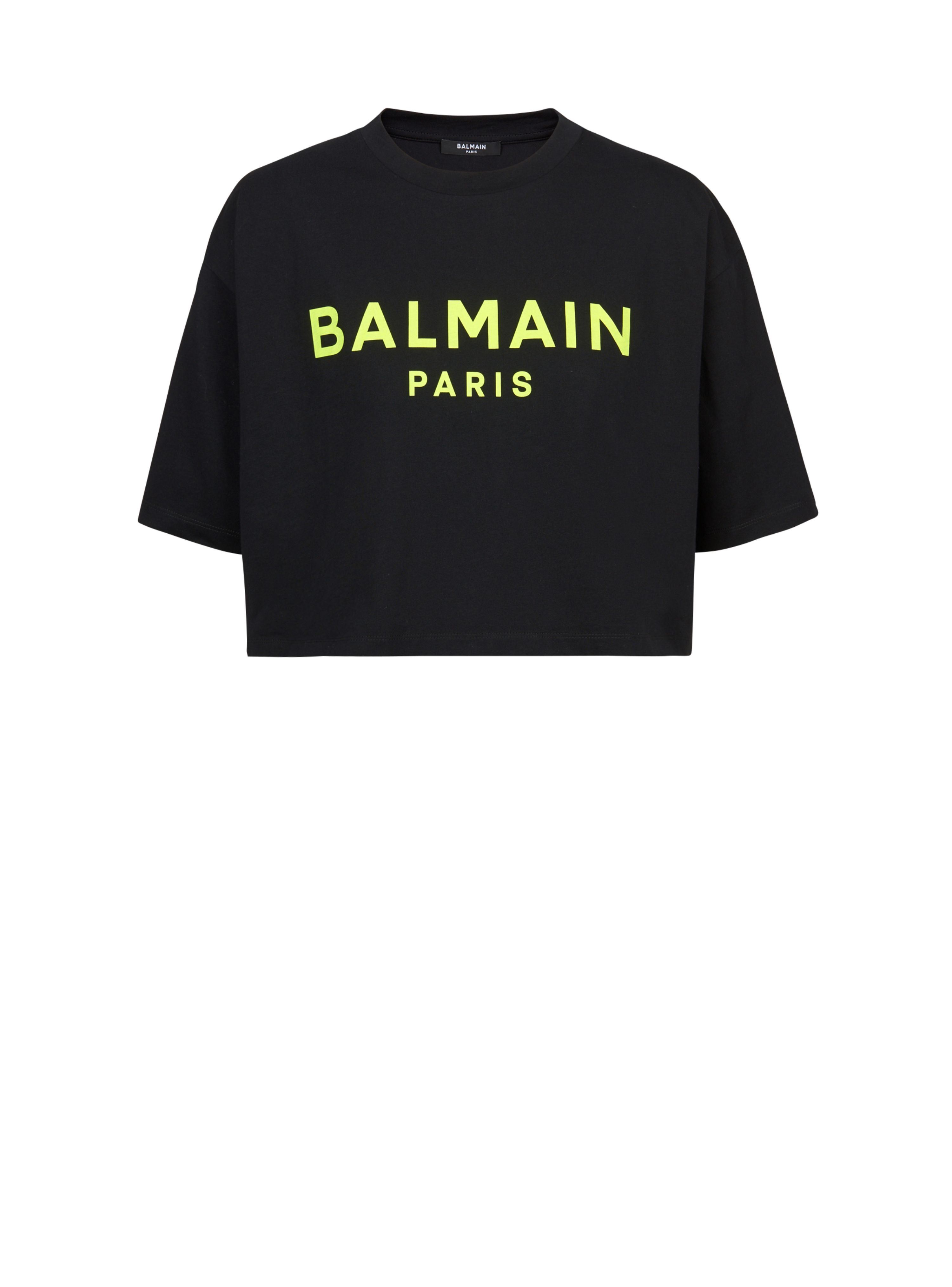 Cropped cotton T-shirt with Balmain logo print, yellow