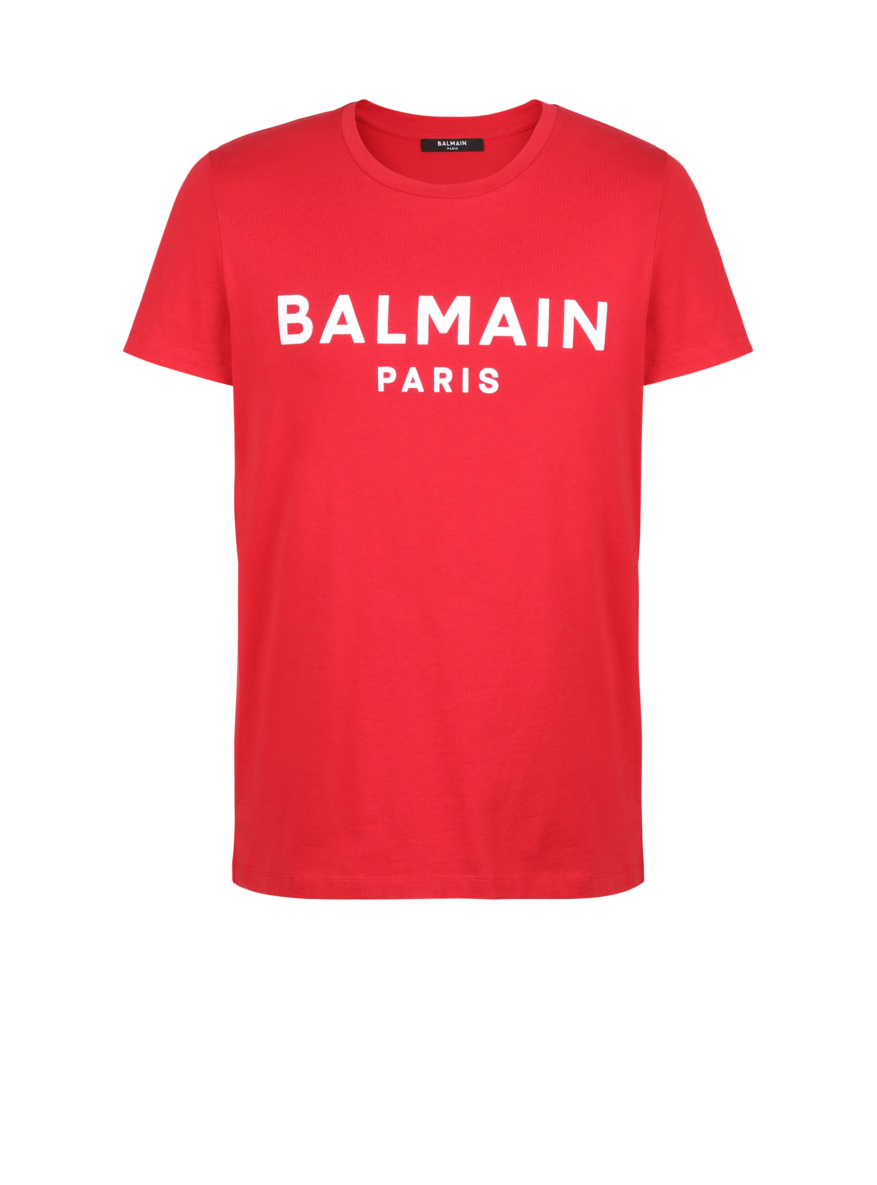 플로킹 가공 Balmain Paris 로고 디테일 코튼 티셔츠, red