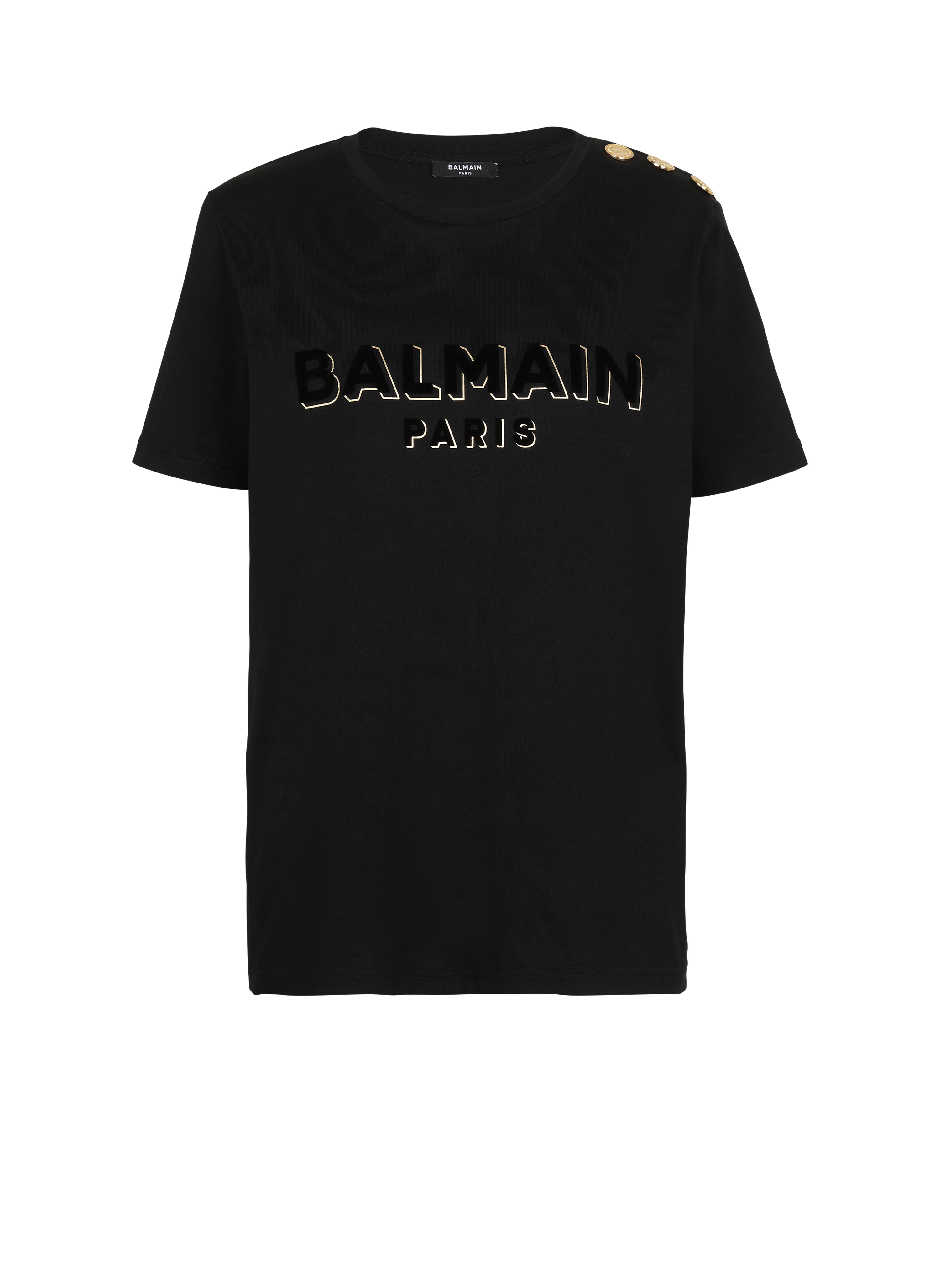 Cotton T-shirt with flocked metallic Balmain logo, black