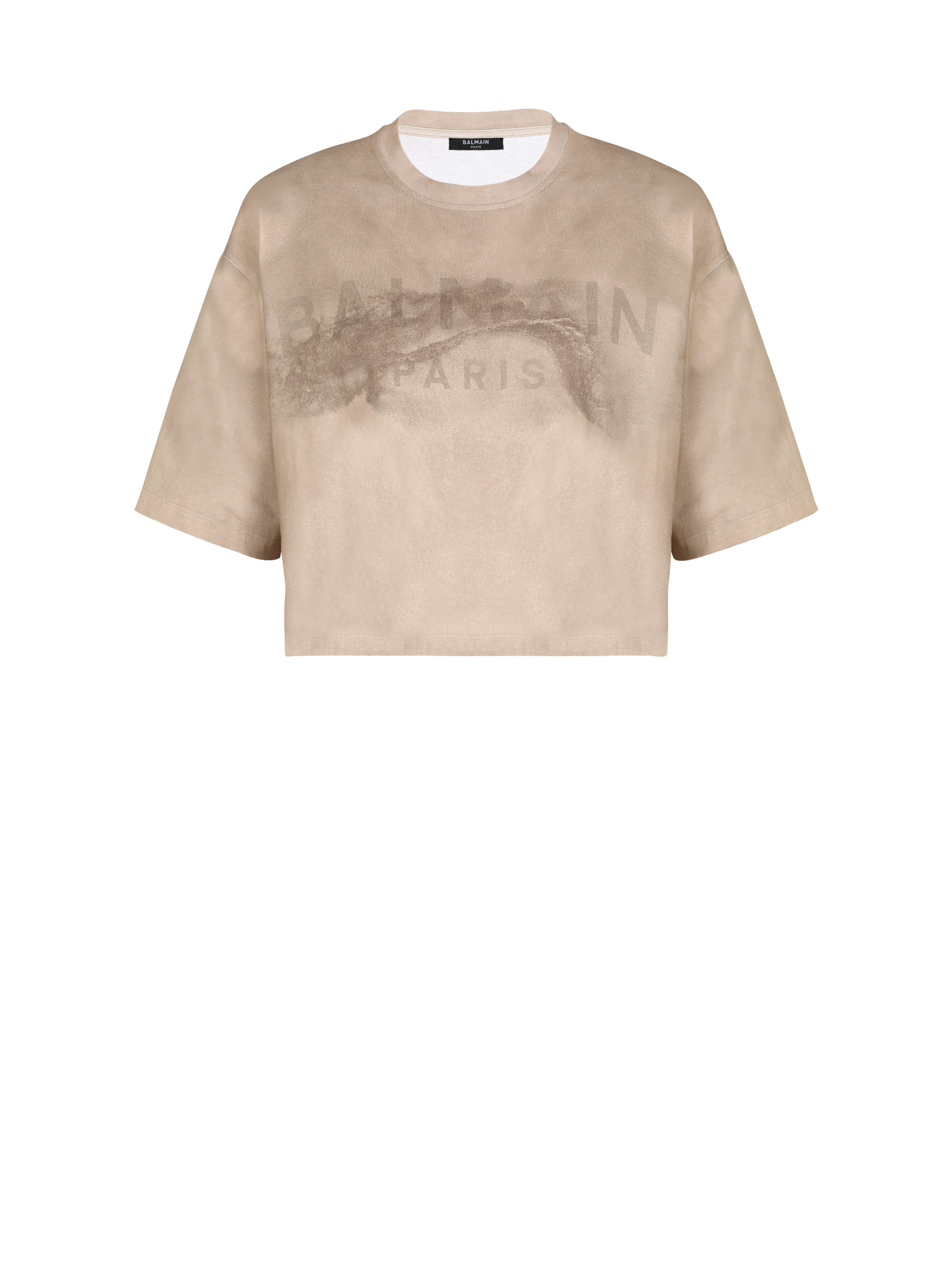 Eco-responsible cropped cotton T-shirt with Balmain logo print, beige