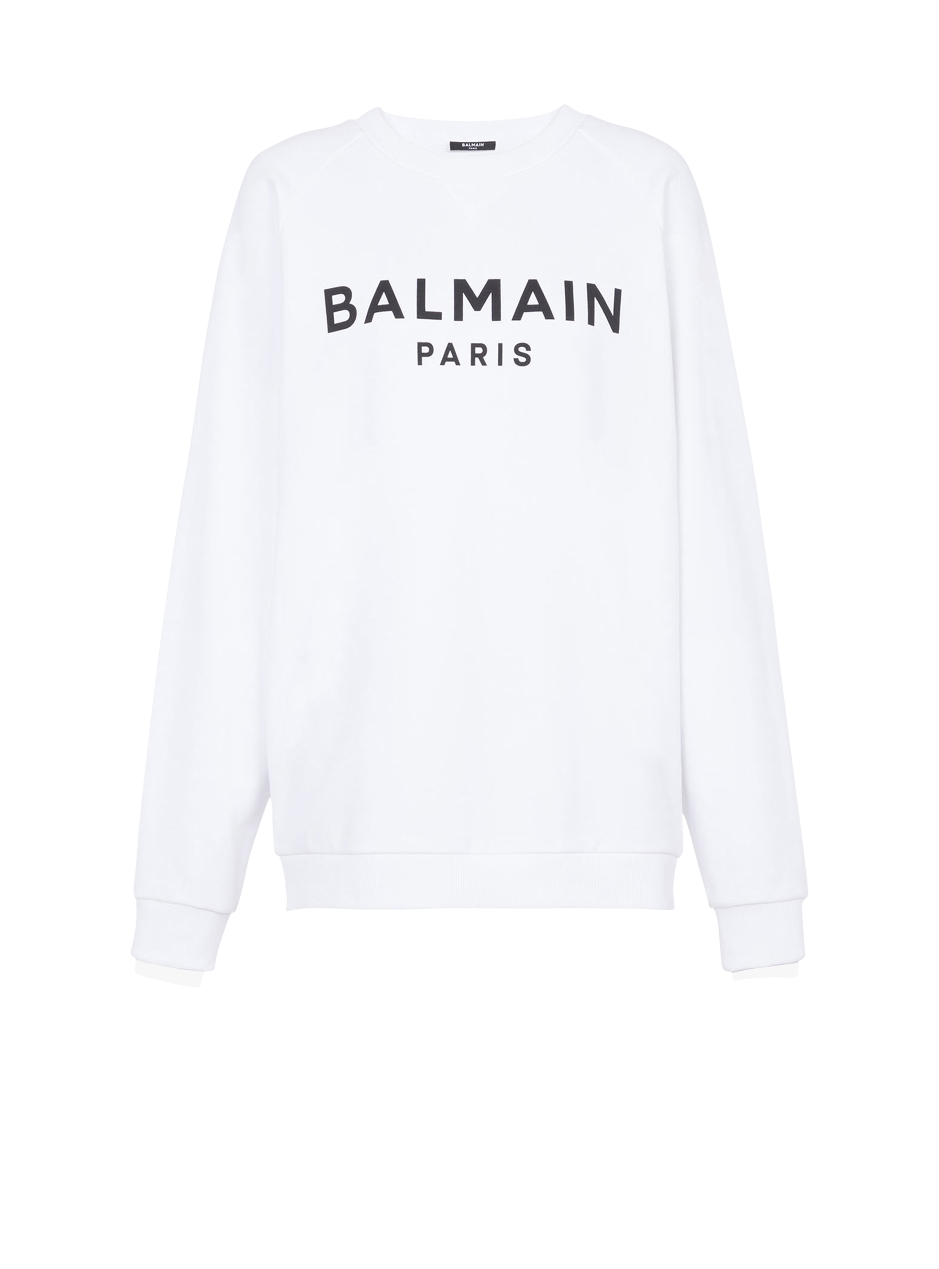 Eco-designed cotton sweatshirt with Balmain Paris metallic logo print, white
